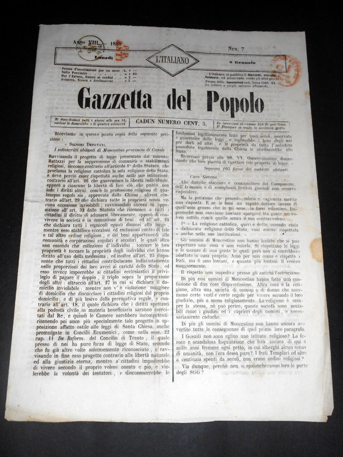 Risorgimento Cavour Torino - Giornale Gazzetta del Popolo n° 7 …