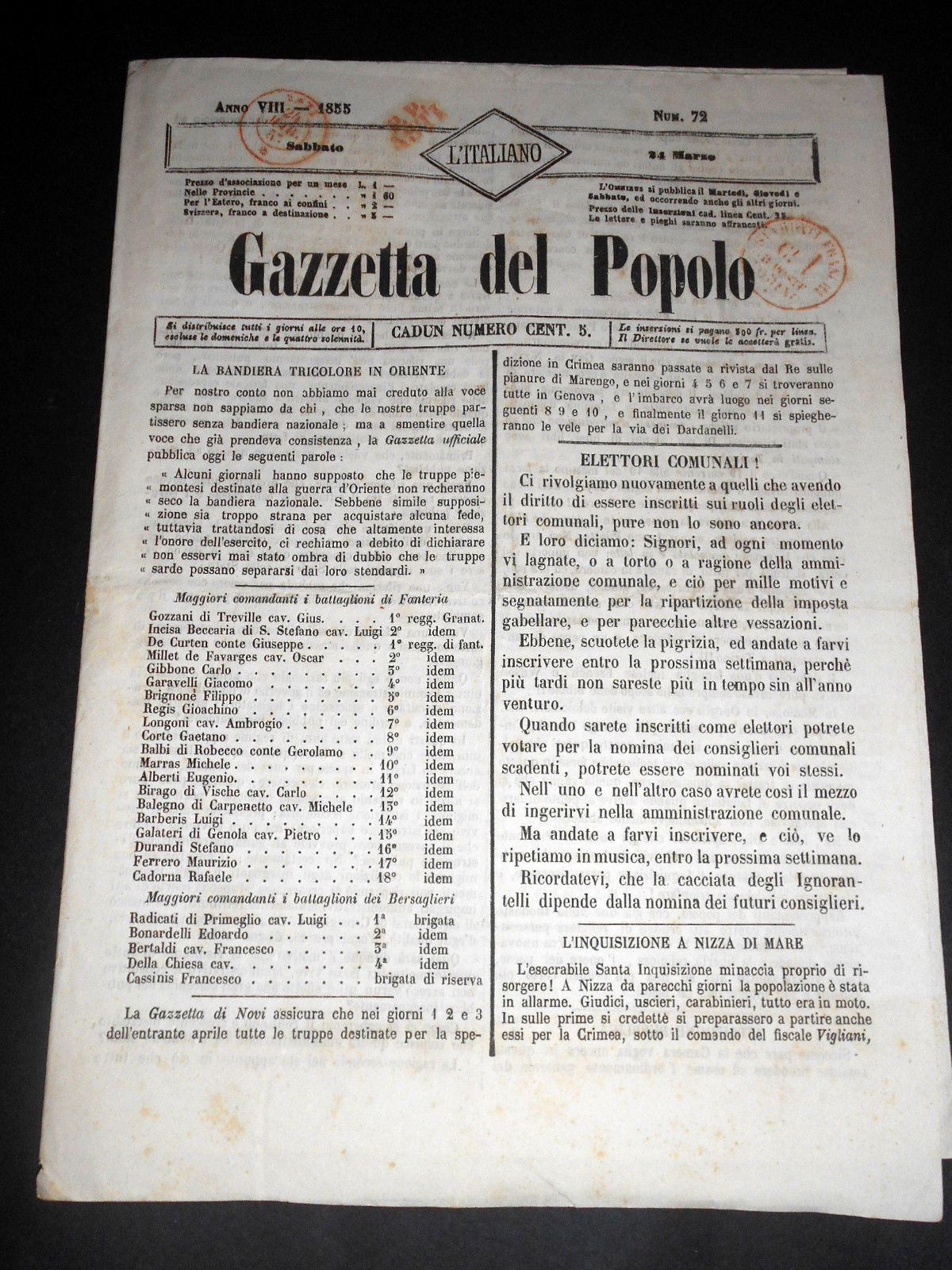 Risorgimento Cavour Torino - Giornale Gazzetta del Popolo n° 72 …