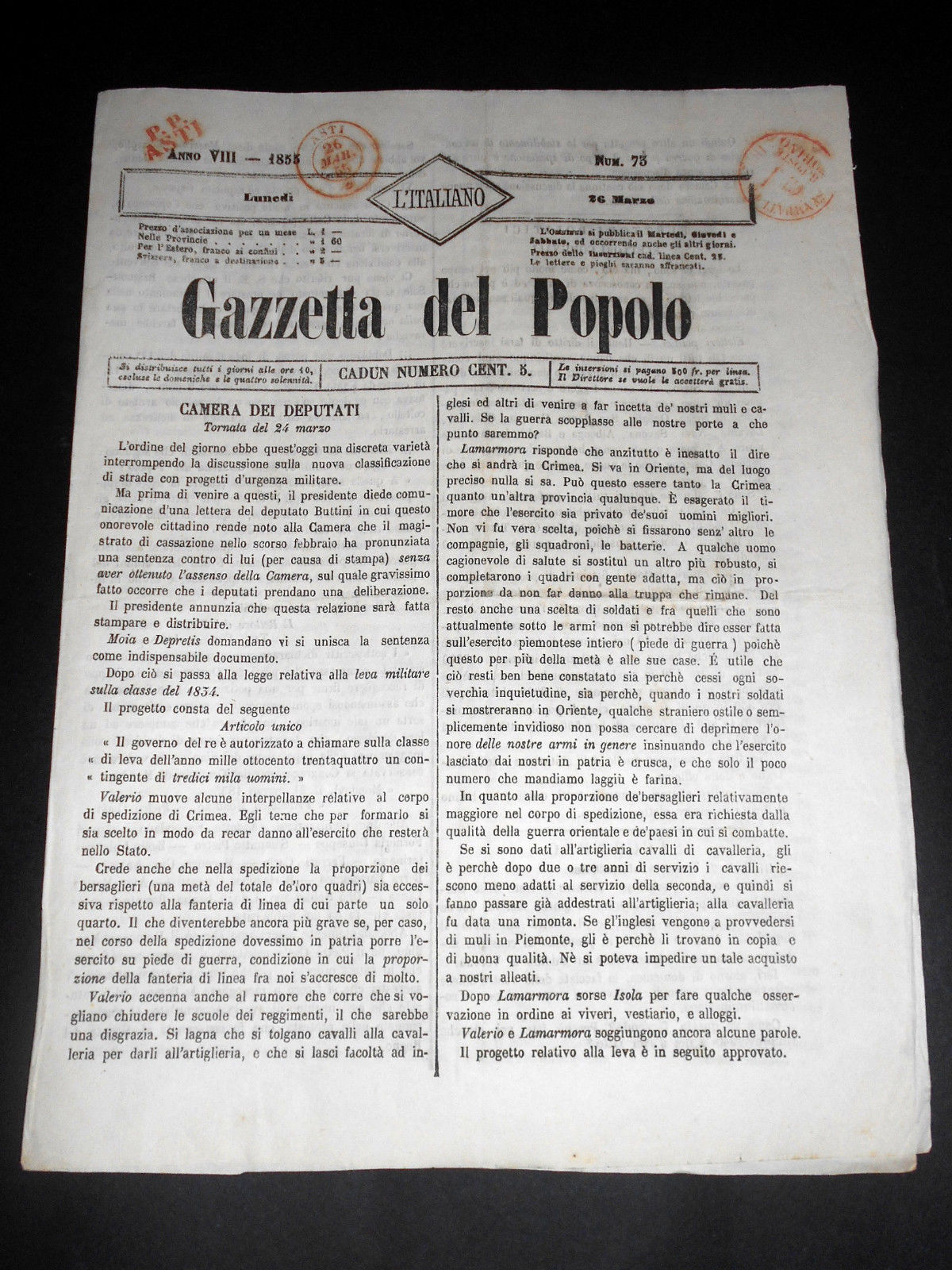 Risorgimento Cavour Torino - Giornale Gazzetta del Popolo n° 73 …