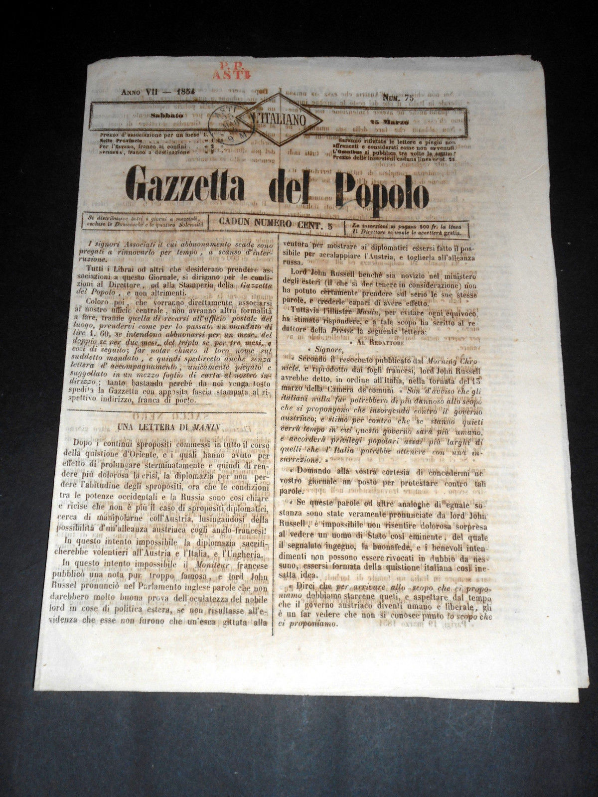 Risorgimento Cavour Torino - Giornale Gazzetta del Popolo n° 75 …