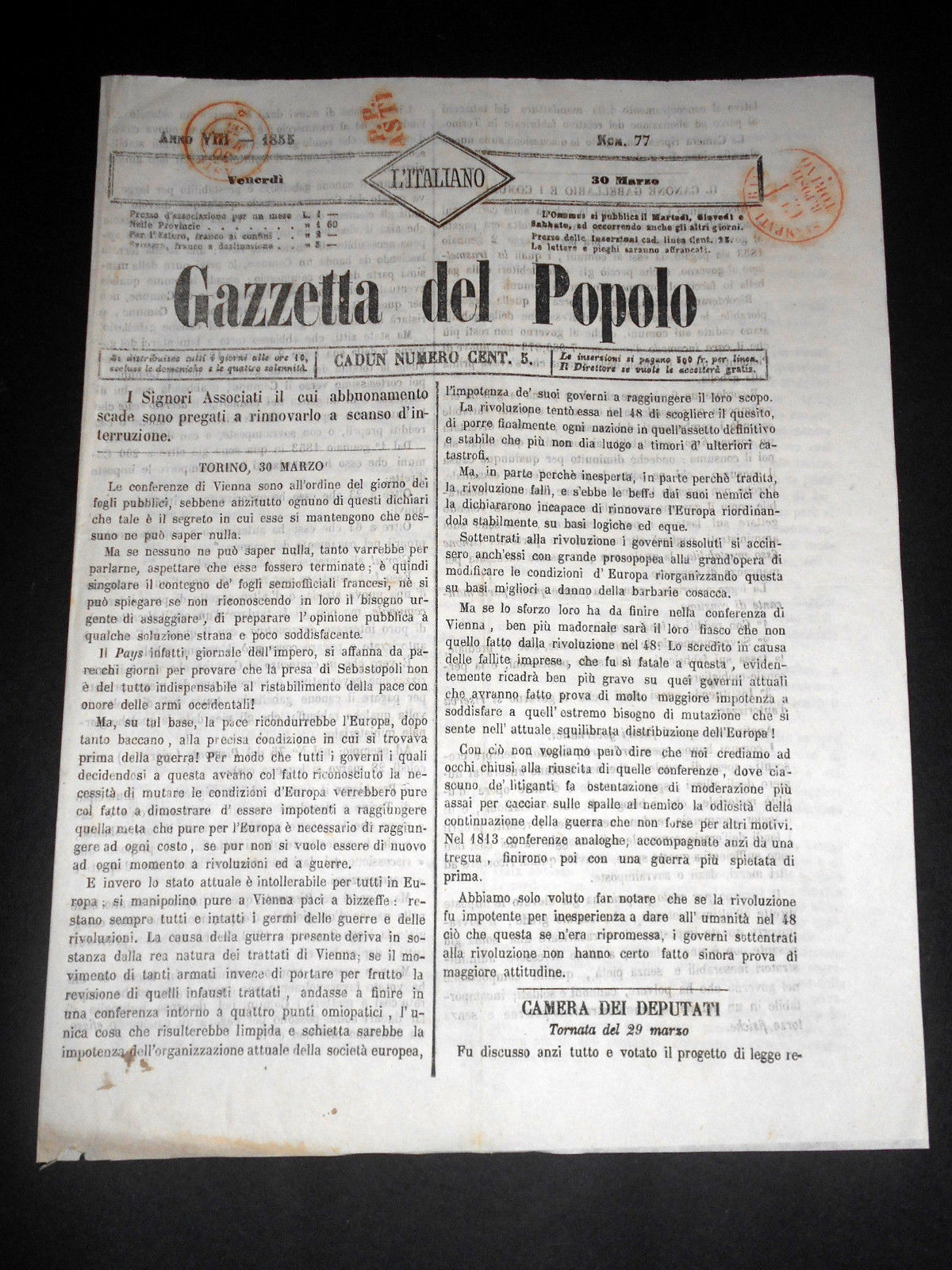 Risorgimento Cavour Torino - Giornale Gazzetta del Popolo n° 77 …