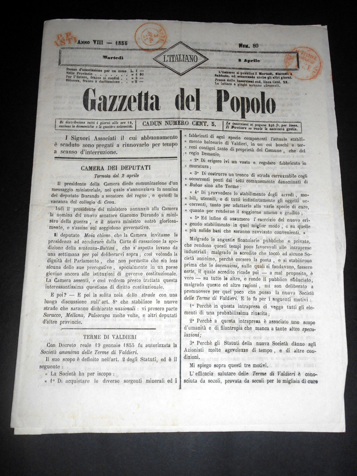 Risorgimento Cavour Torino - Giornale Gazzetta del Popolo n° 80 …