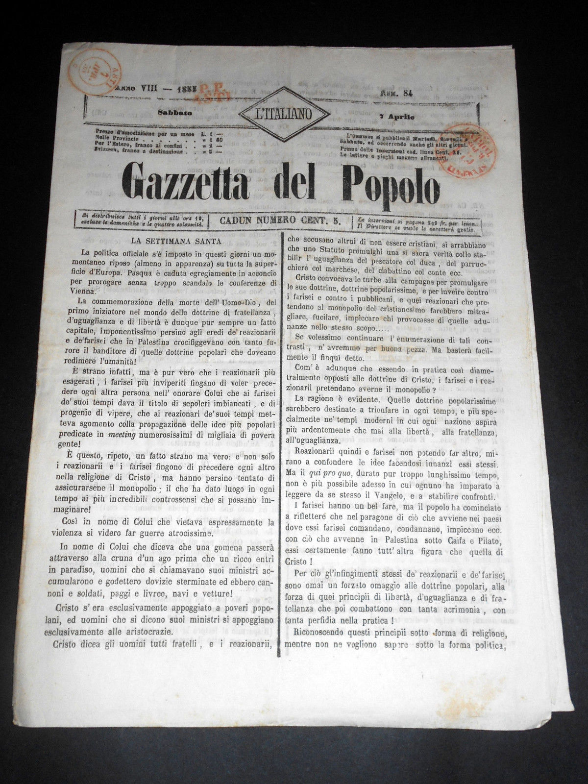 Risorgimento Cavour Torino - Giornale Gazzetta del Popolo n° 84 …
