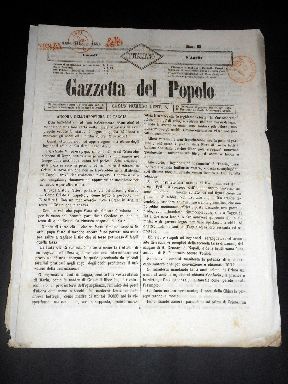 Risorgimento Cavour Torino - Giornale Gazzetta del Popolo n° 85 …