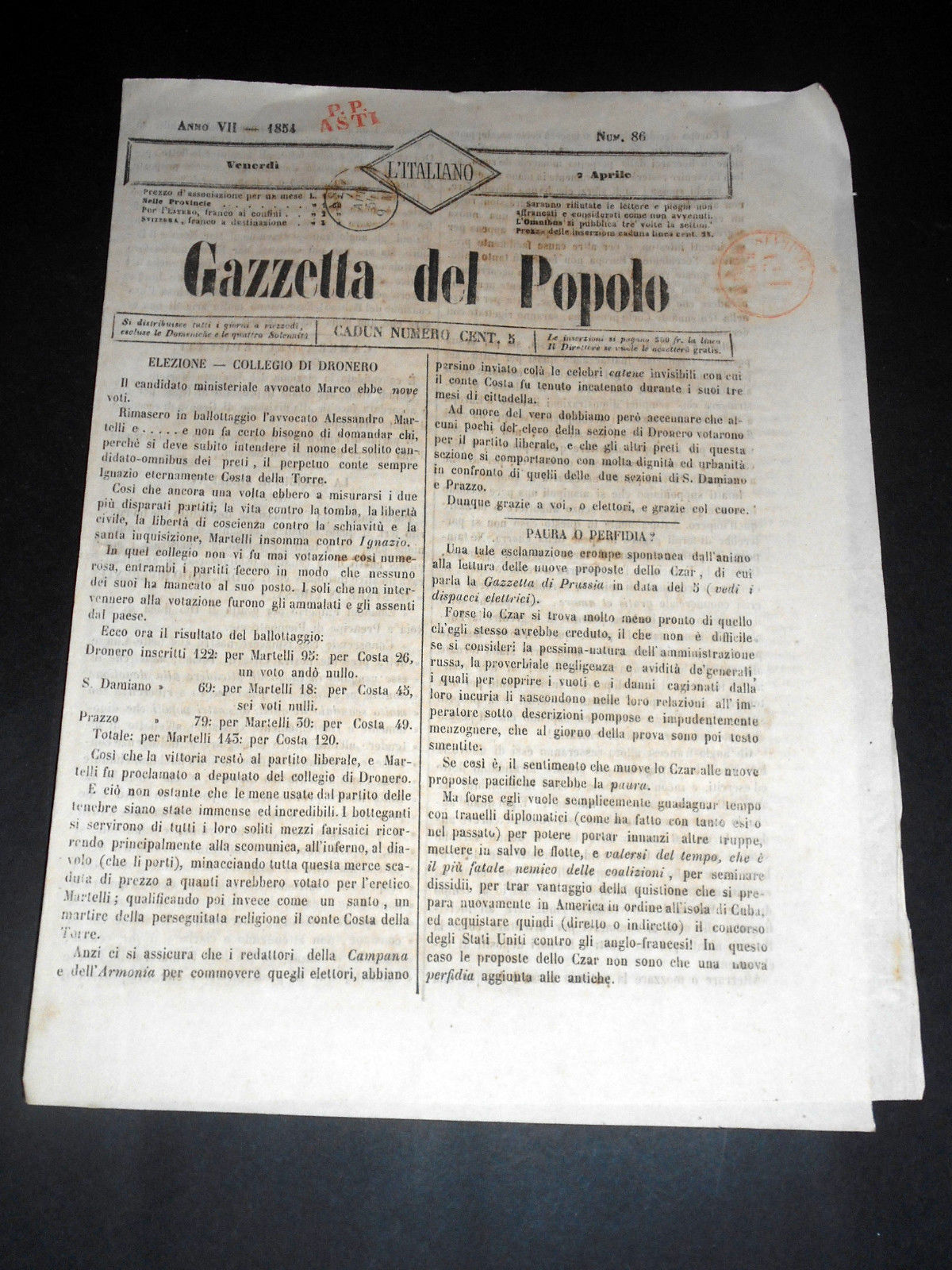 Risorgimento Cavour Torino - Giornale Gazzetta del Popolo n° 86 …