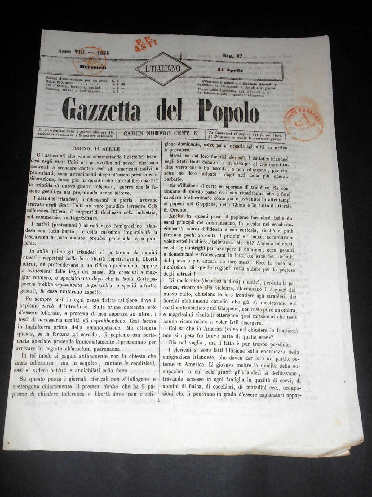 Risorgimento Cavour Torino - Giornale Gazzetta del Popolo n° 87 …