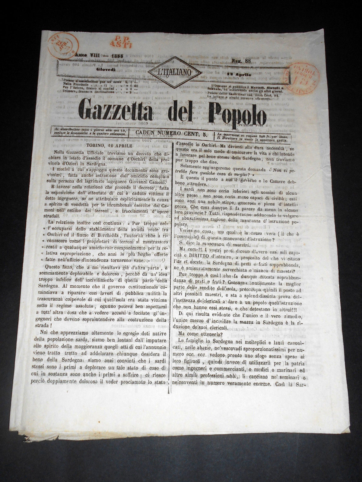Risorgimento Cavour Torino - Giornale Gazzetta del Popolo n° 88 …