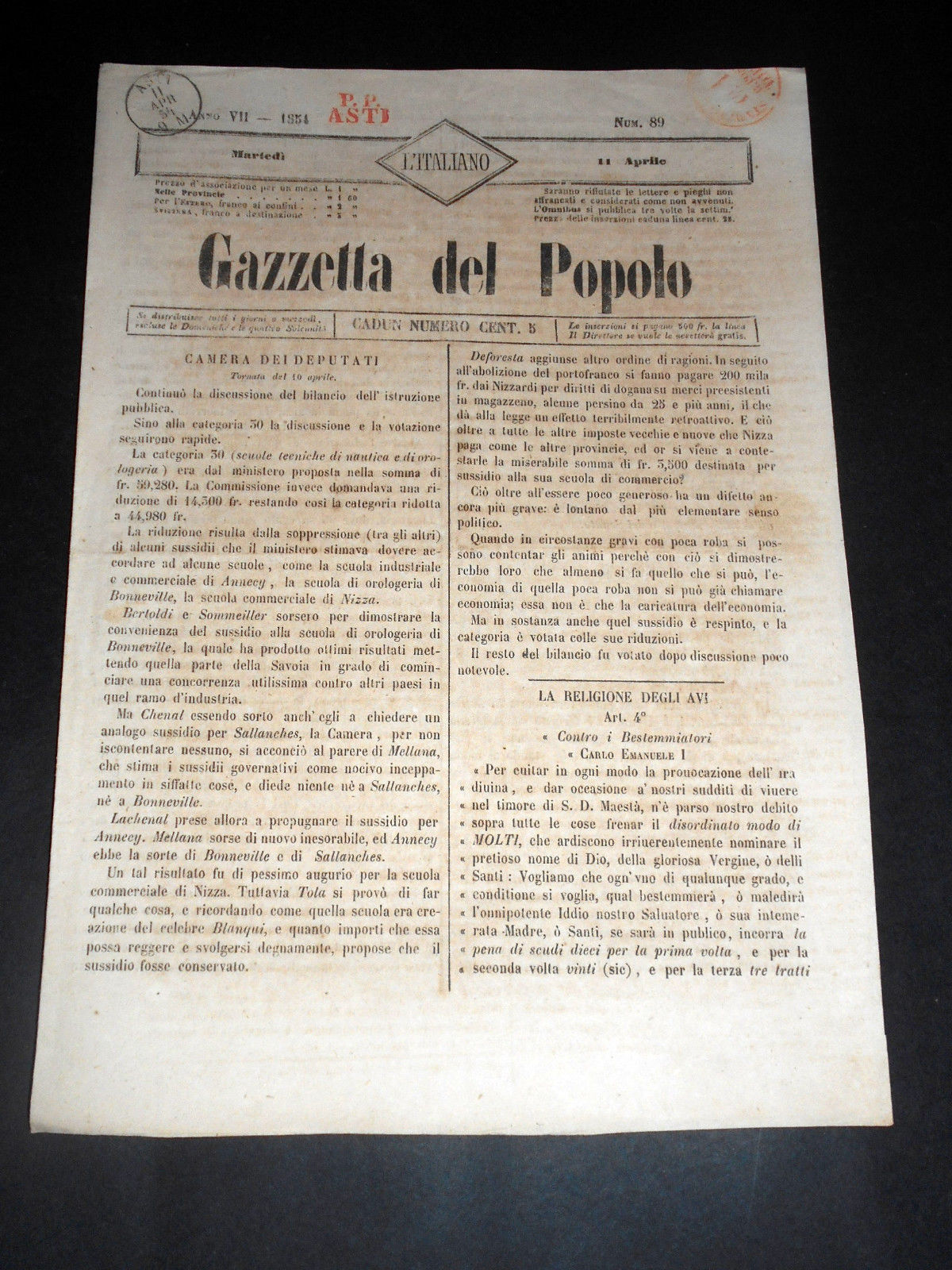 Risorgimento Cavour Torino - Giornale Gazzetta del Popolo n° 89 …