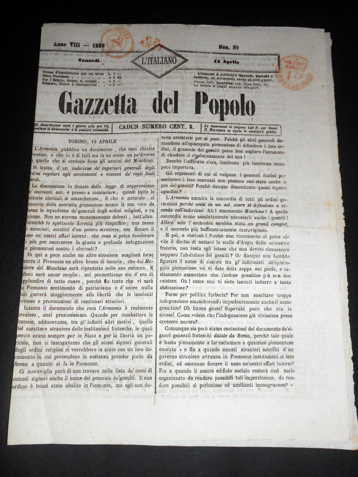 Risorgimento Cavour Torino - Giornale Gazzetta del Popolo n° 89 …
