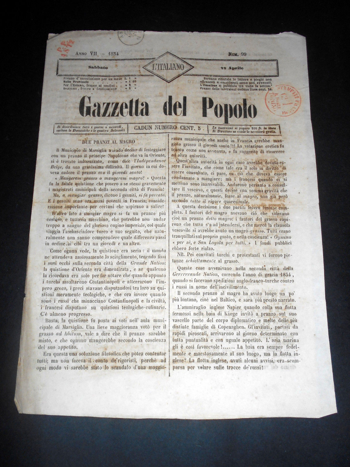 Risorgimento Cavour Torino - Giornale Gazzetta del Popolo n° 99 …