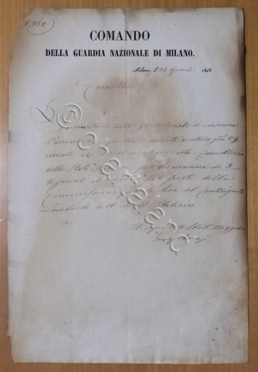 Risorgimento Convocazione nomina ufficiali Comando Guardia Nazionale Milano 1848