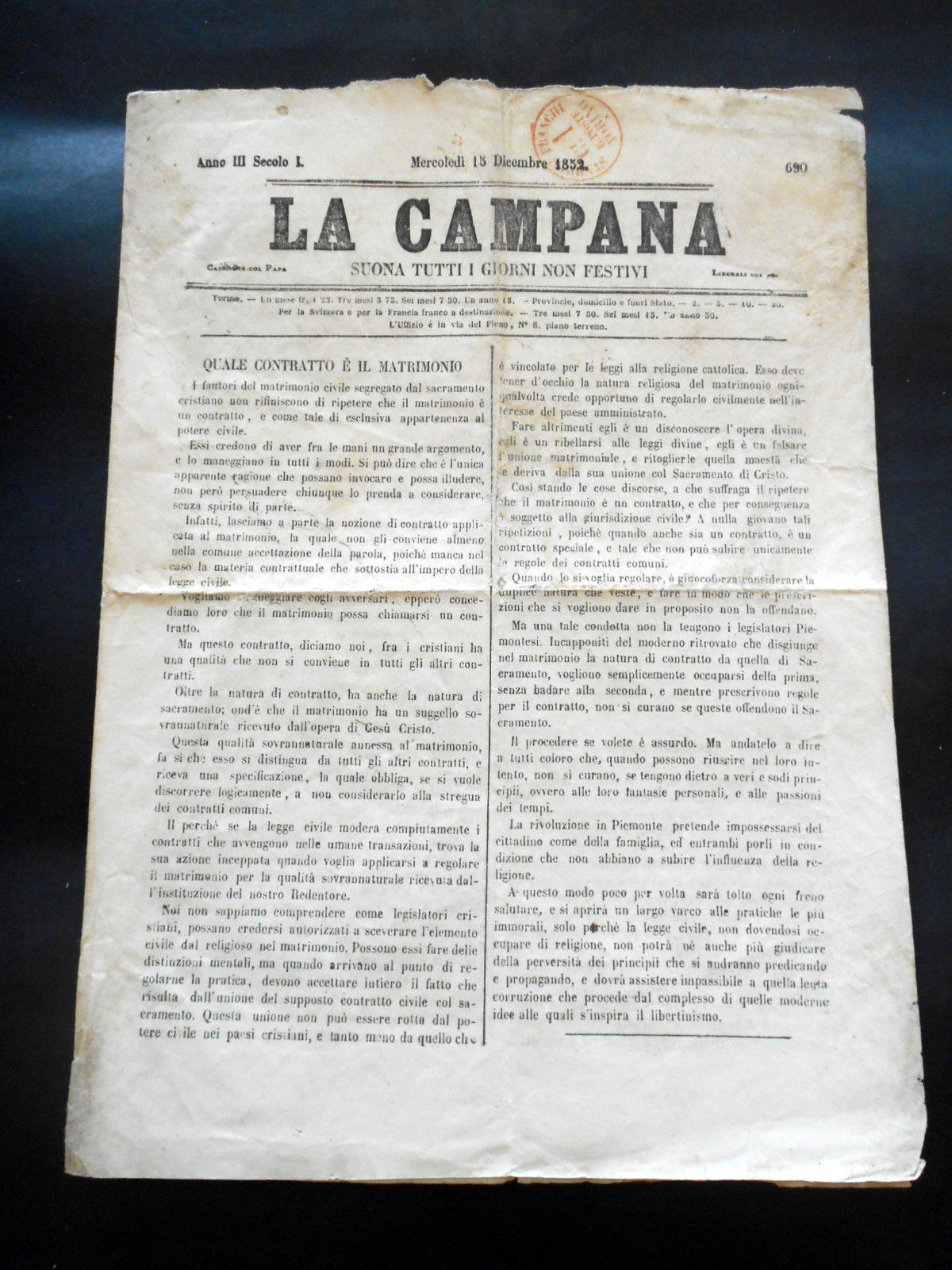 Risorgimento Storia locale Torino - Giornale La Campana - n. …