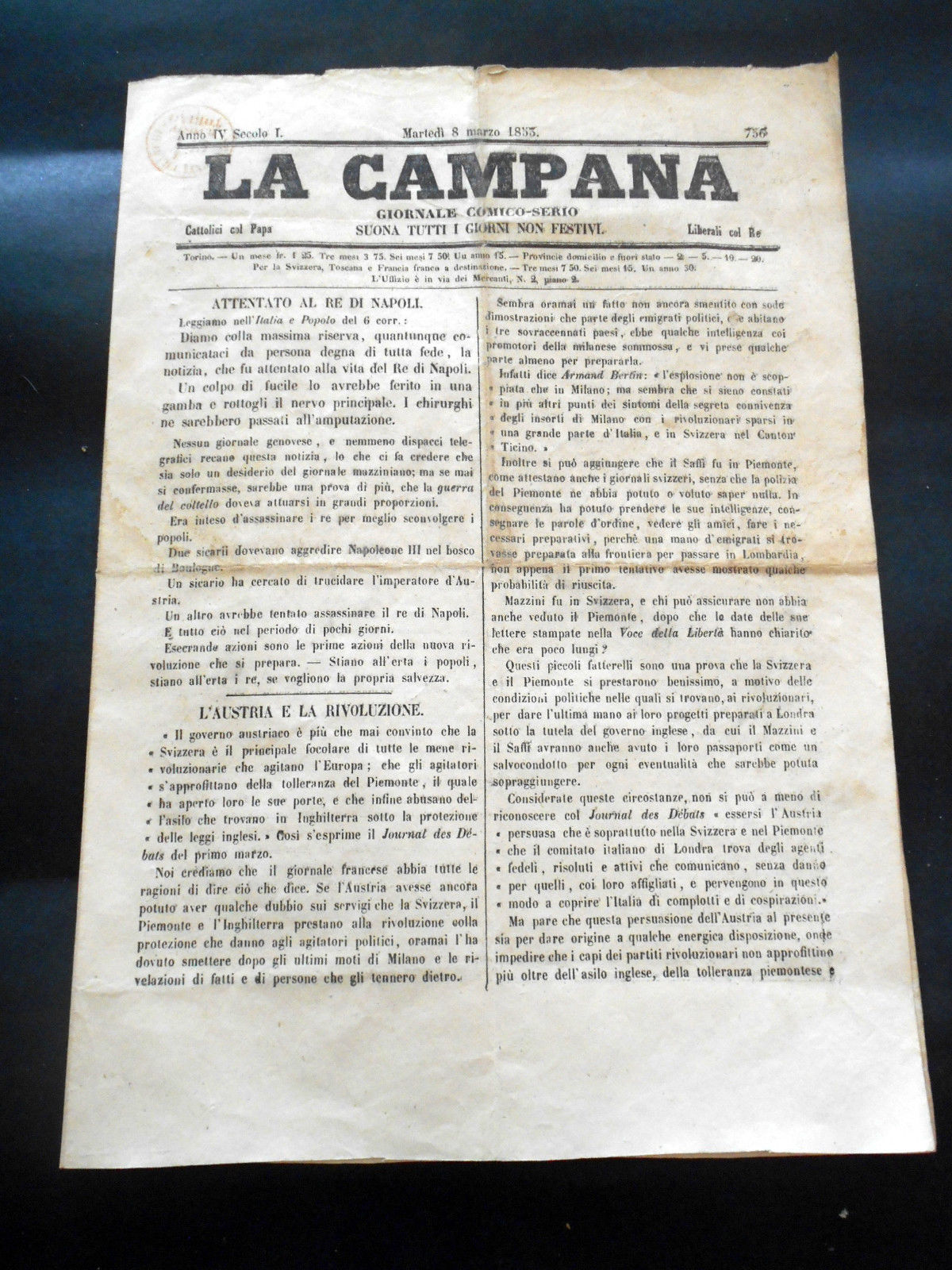 Risorgimento Storia locale Torino - Giornale La Campana - n. …