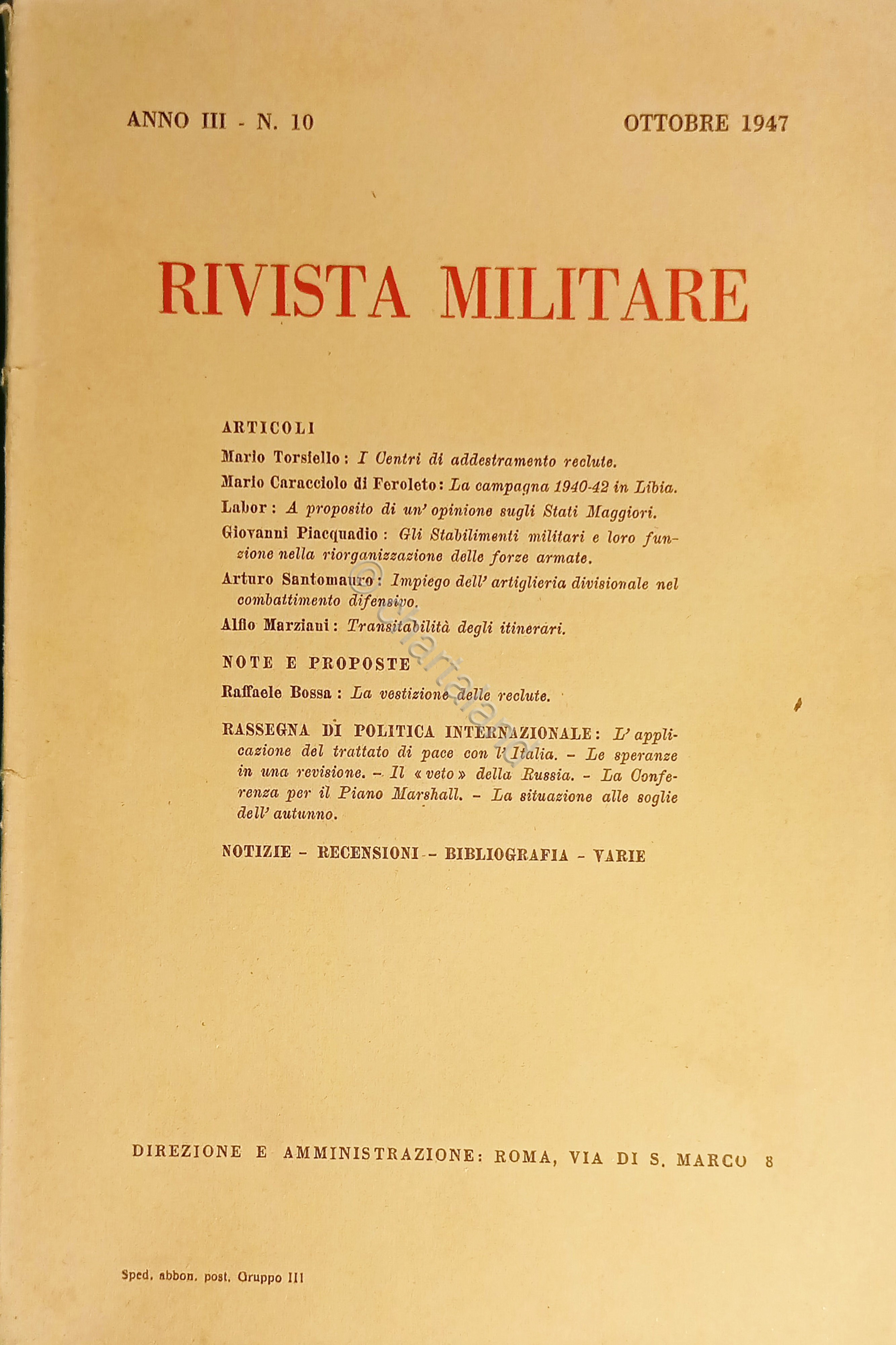 Rivista Militare - Anno III - N. 10 Ottobre 1947