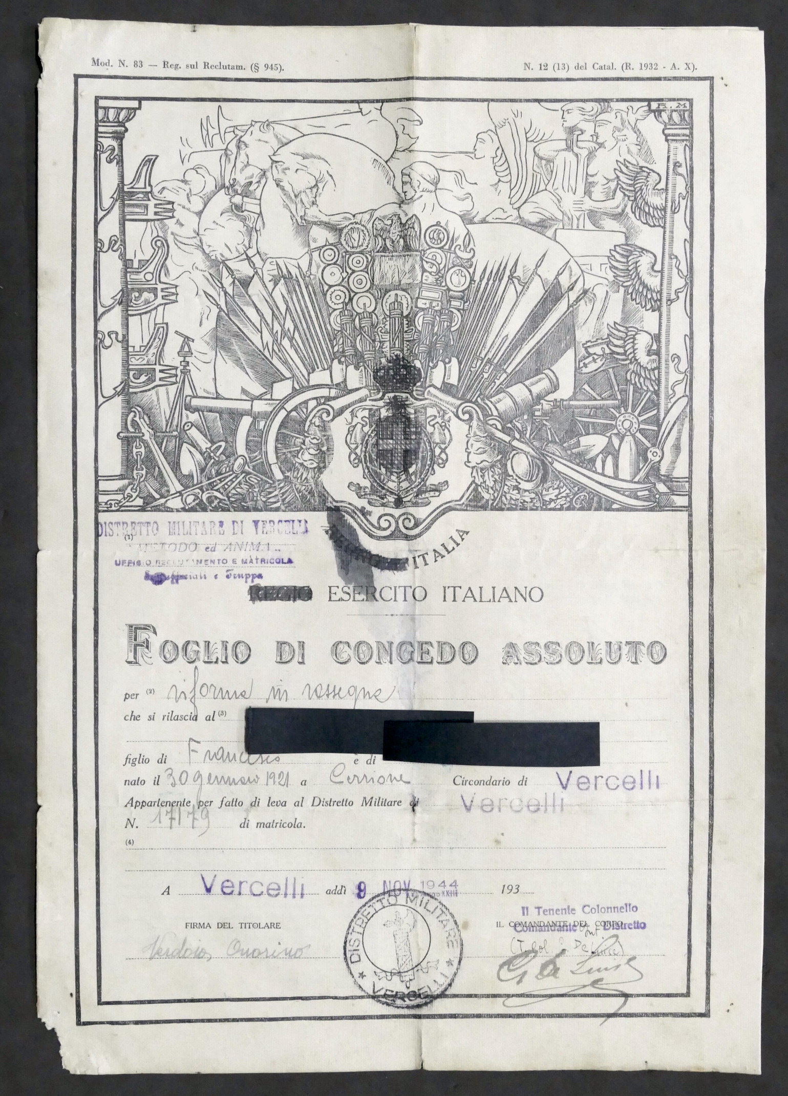RSI Esercito Italiano Foglio Congedo Assoluto - Distretto Militare Vercelli …