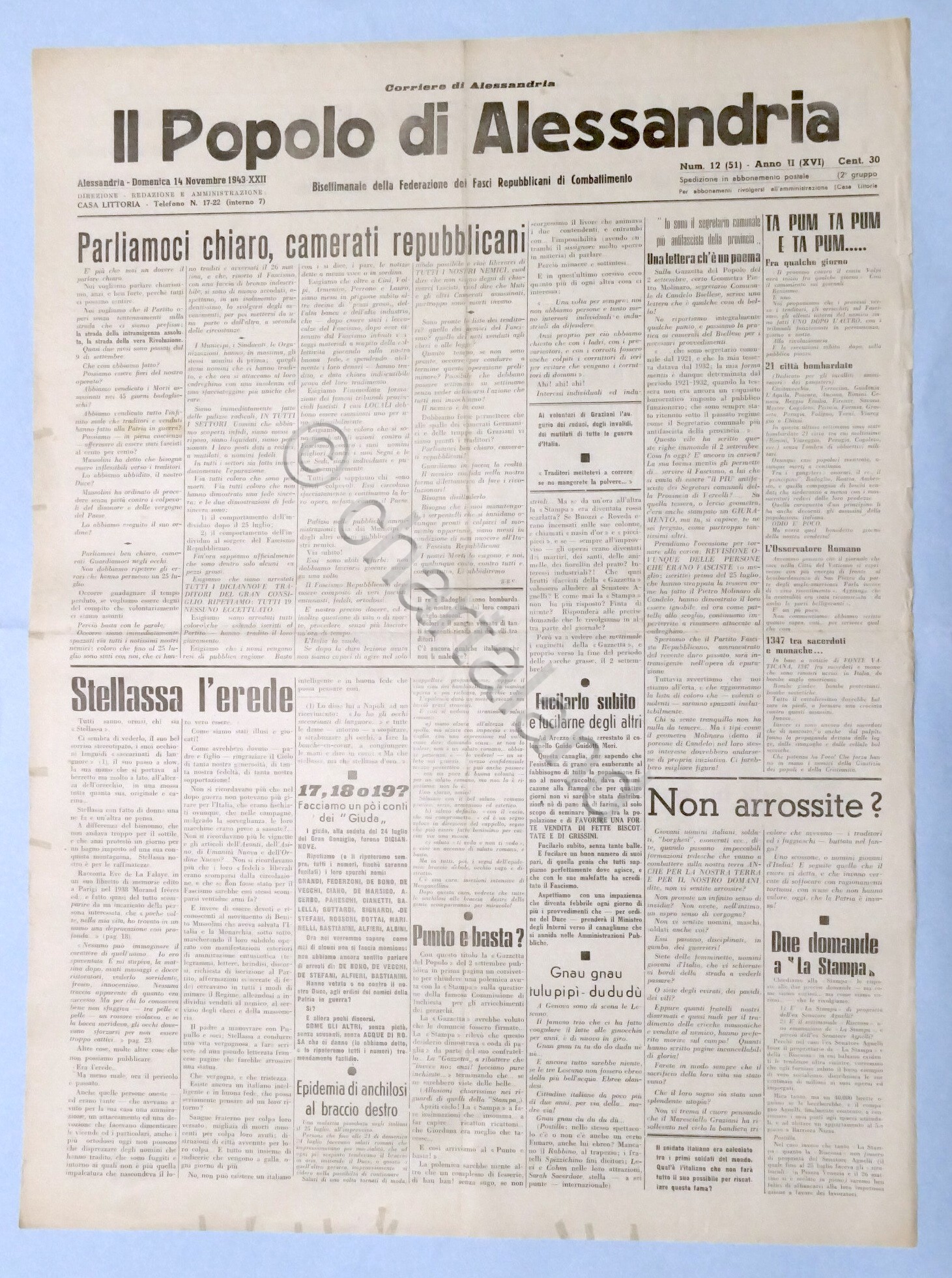 RSI Federazione Fasci - Il Popolo di Alessandria N. 12 …
