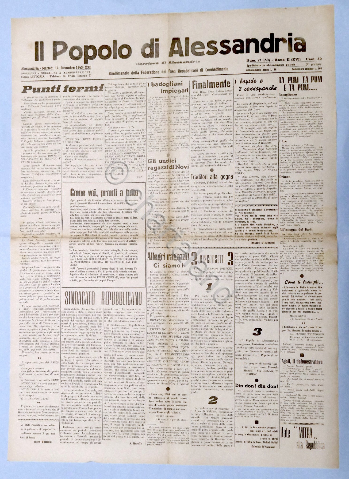 RSI Federazione Fasci - Il Popolo di Alessandria N. 21 …