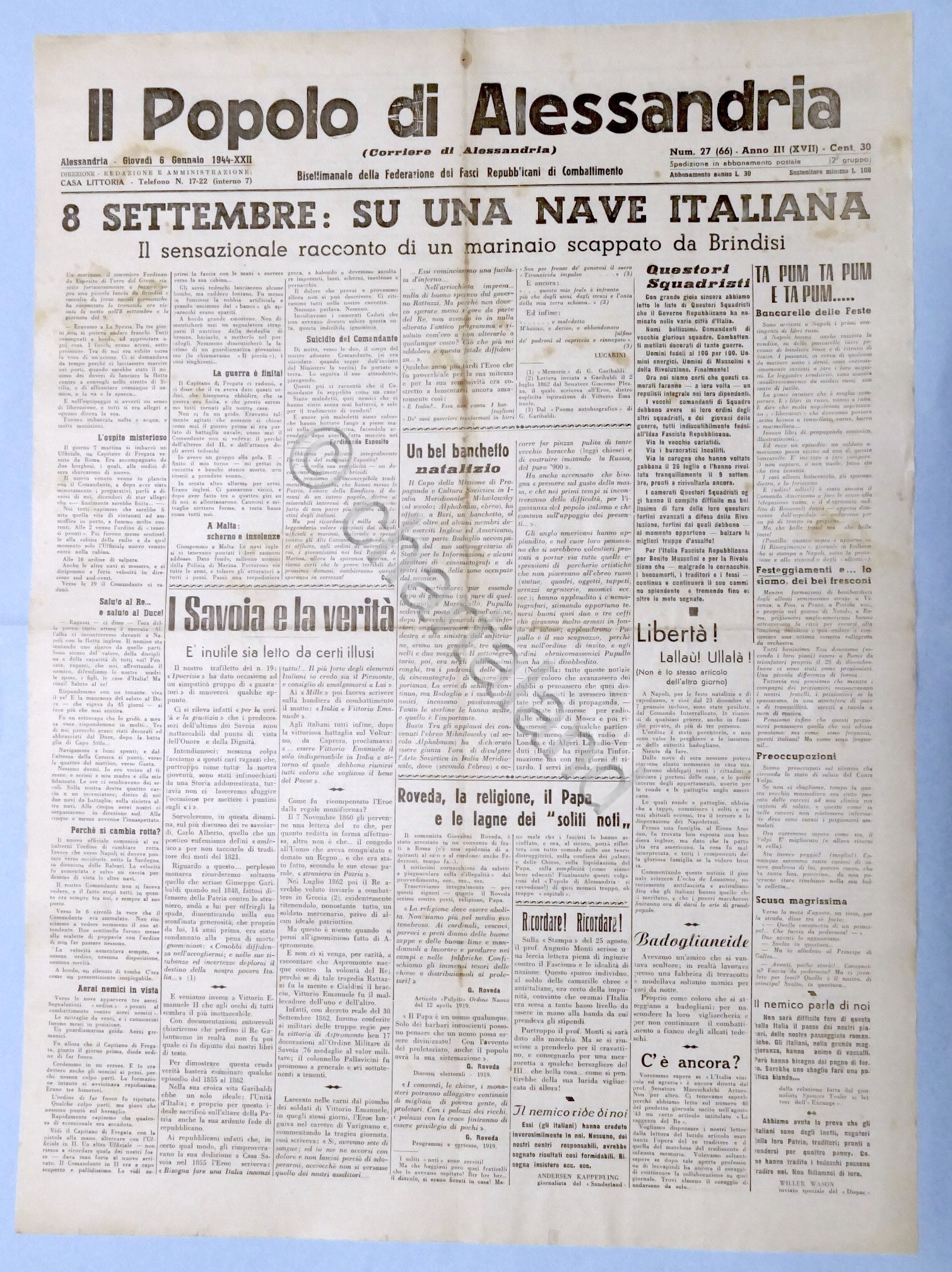 RSI Federazione Fasci - Il Popolo di Alessandria N. 27 …