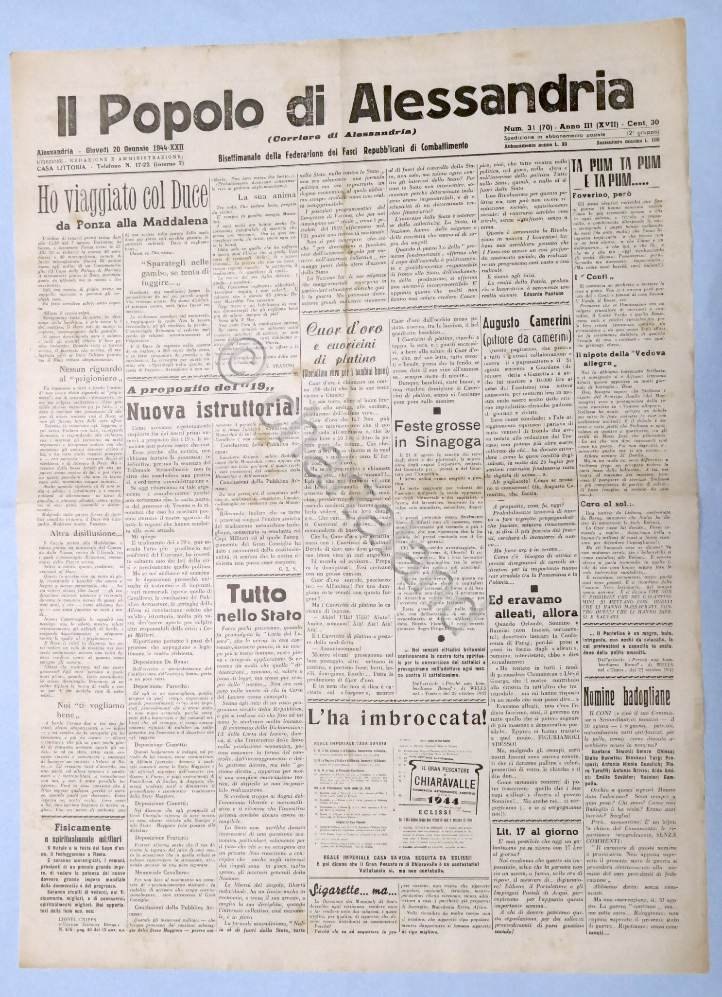 RSI Federazione Fasci - Il Popolo di Alessandria N. 31 …
