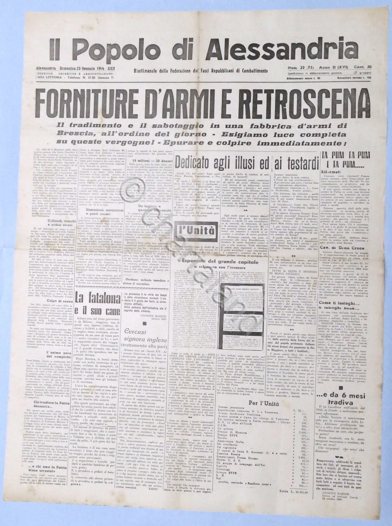 RSI Federazione Fasci - Il Popolo di Alessandria N. 32 …