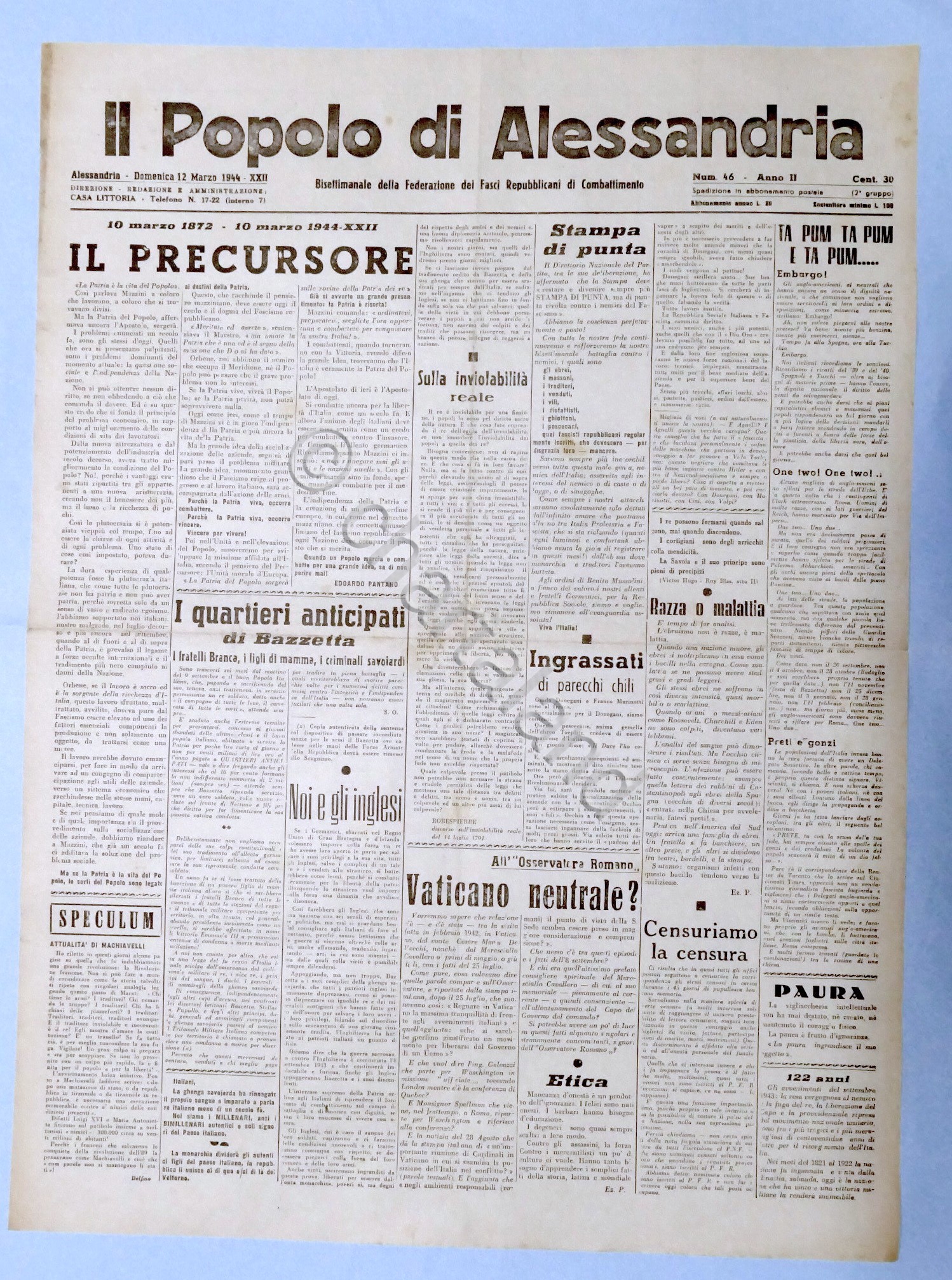 RSI Federazione Fasci - Il Popolo di Alessandria N. 46 …