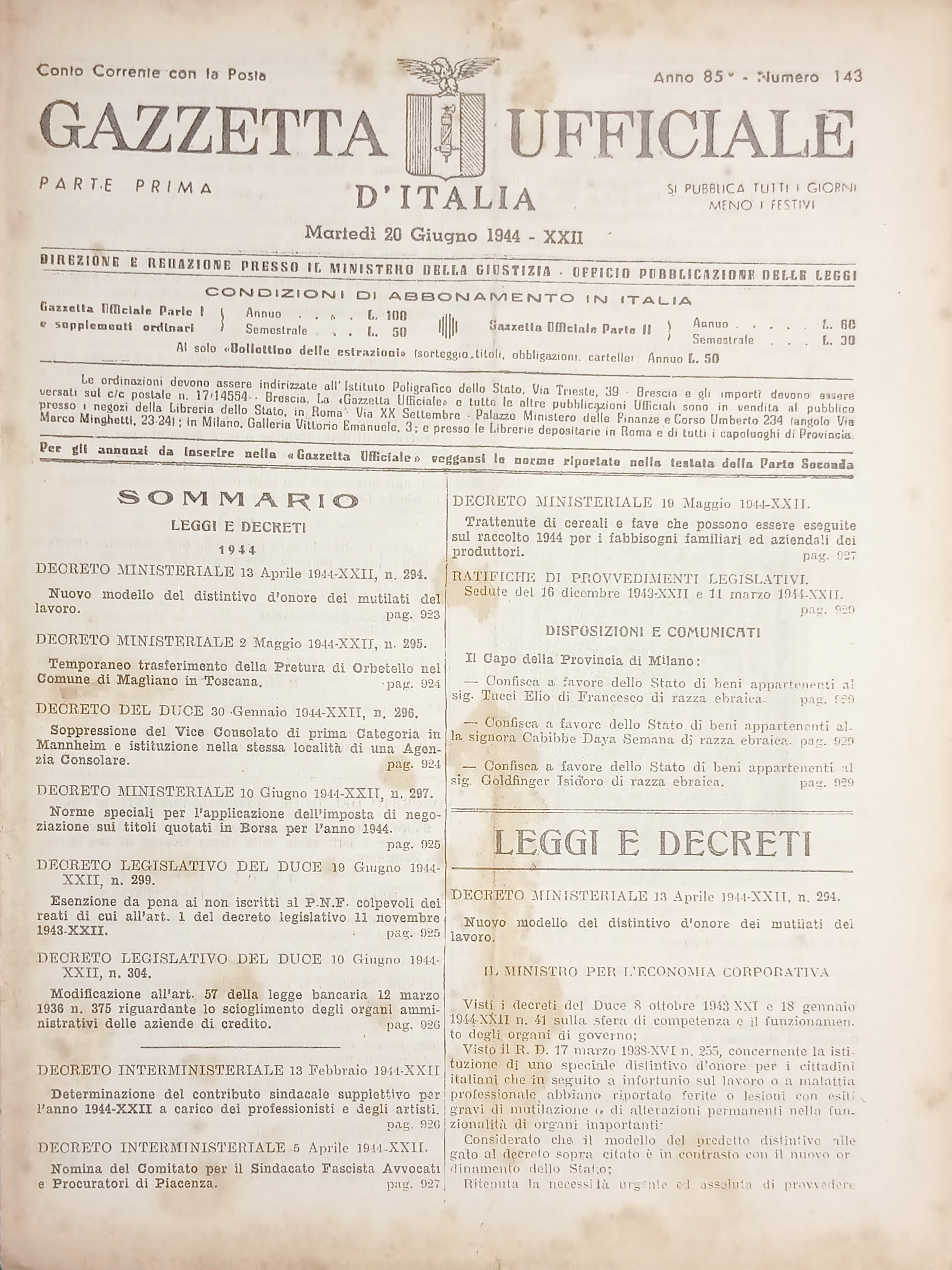 RSI Gazzetta Ufficiale d'Italia N. 143 - 1944