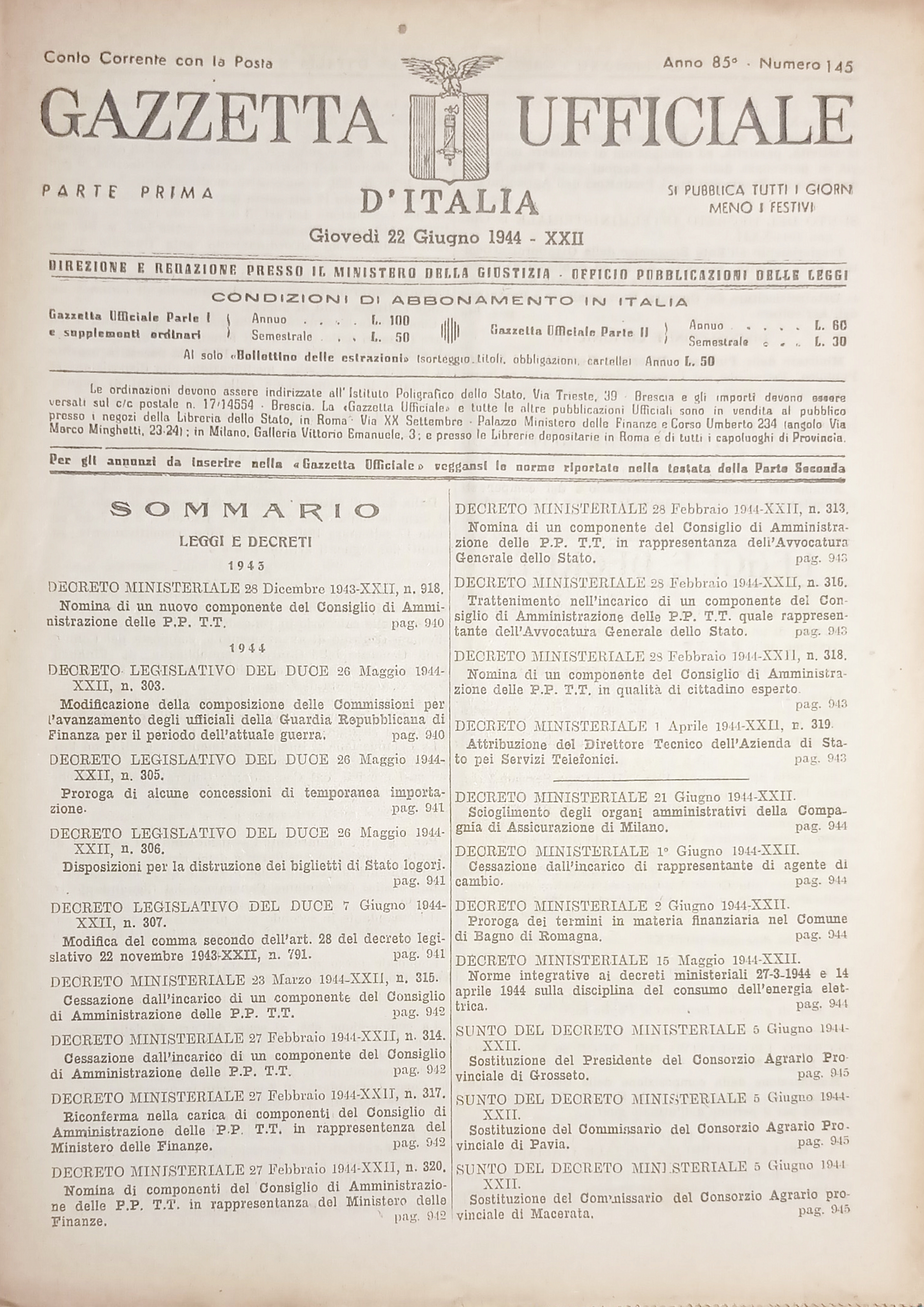 RSI Gazzetta Ufficiale d'Italia N. 145 - 1944
