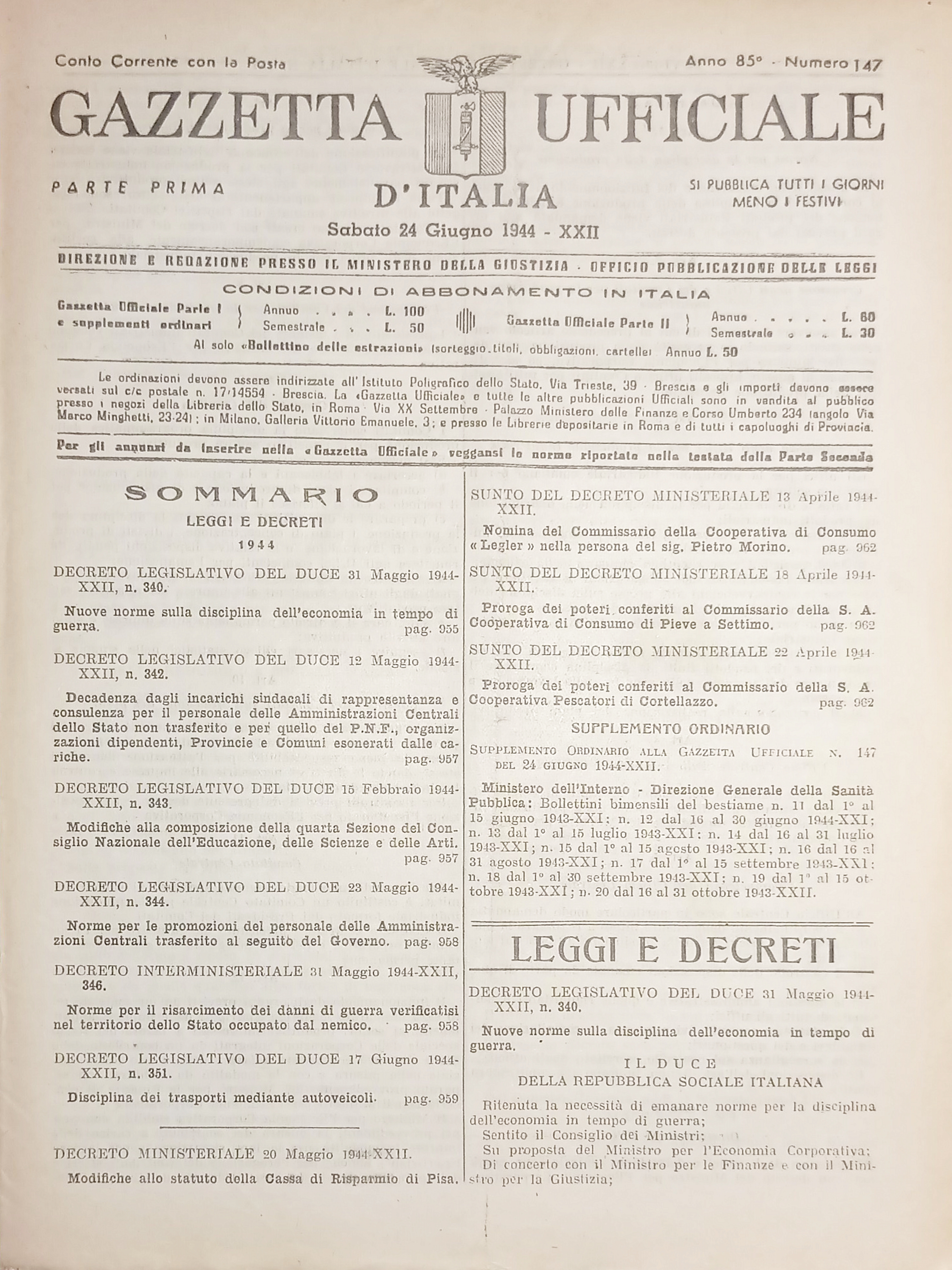 RSI Gazzetta Ufficiale d'Italia N. 147 - 1944