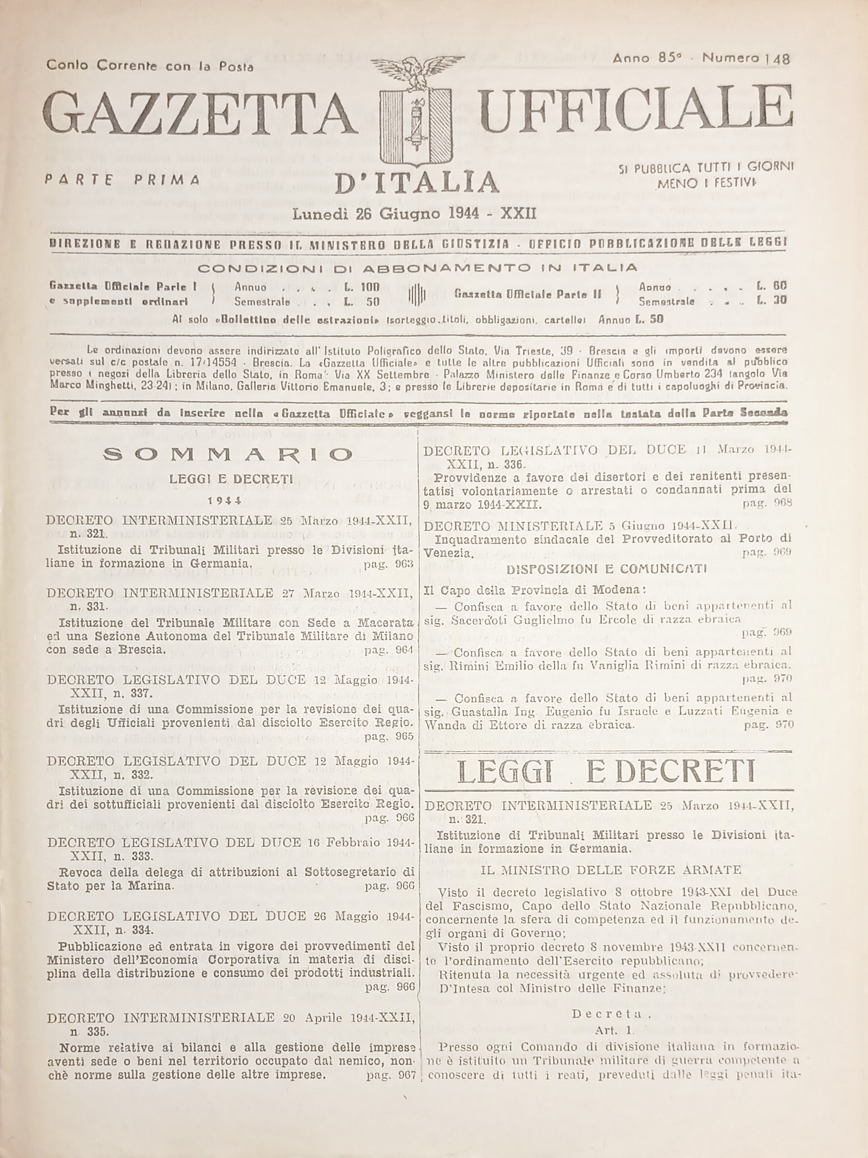 RSI Gazzetta Ufficiale d'Italia N. 148 - 1944