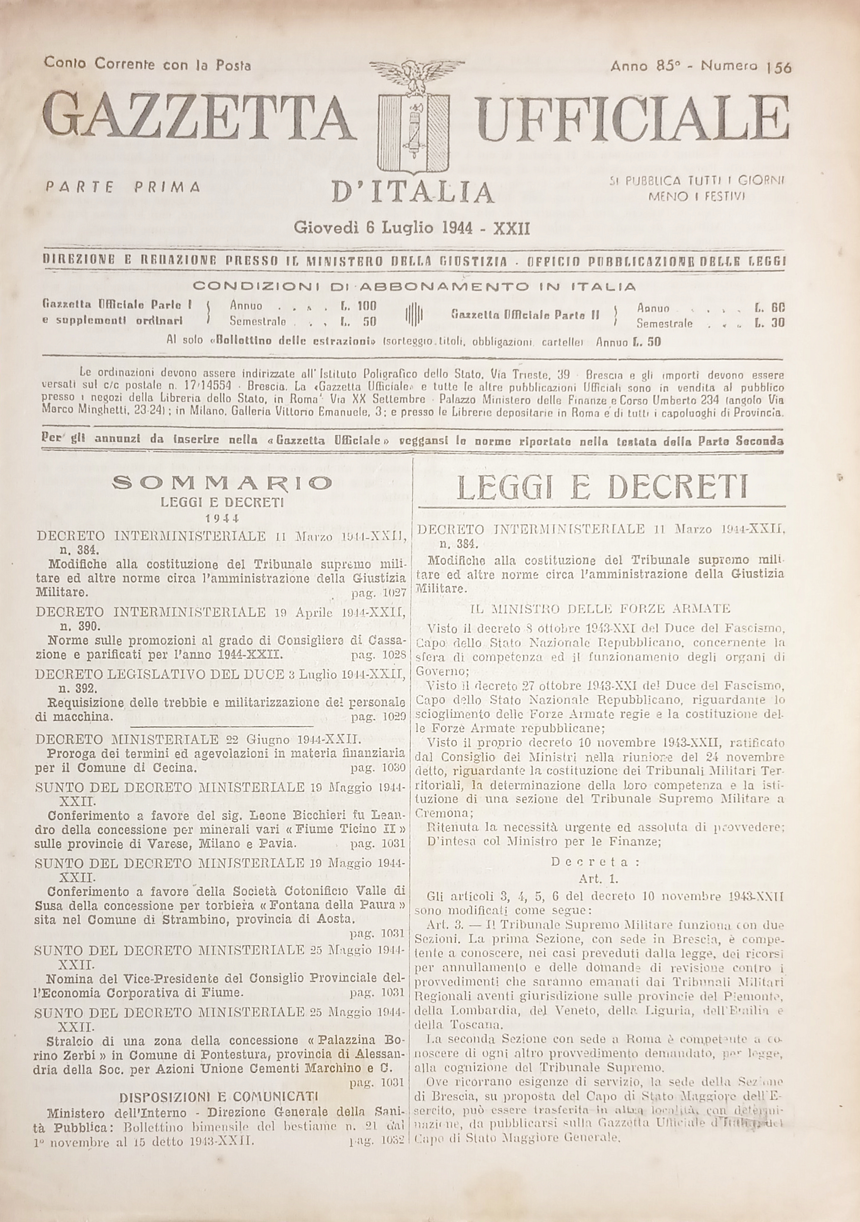 RSI Gazzetta Ufficiale d'Italia N. 156 - 1944