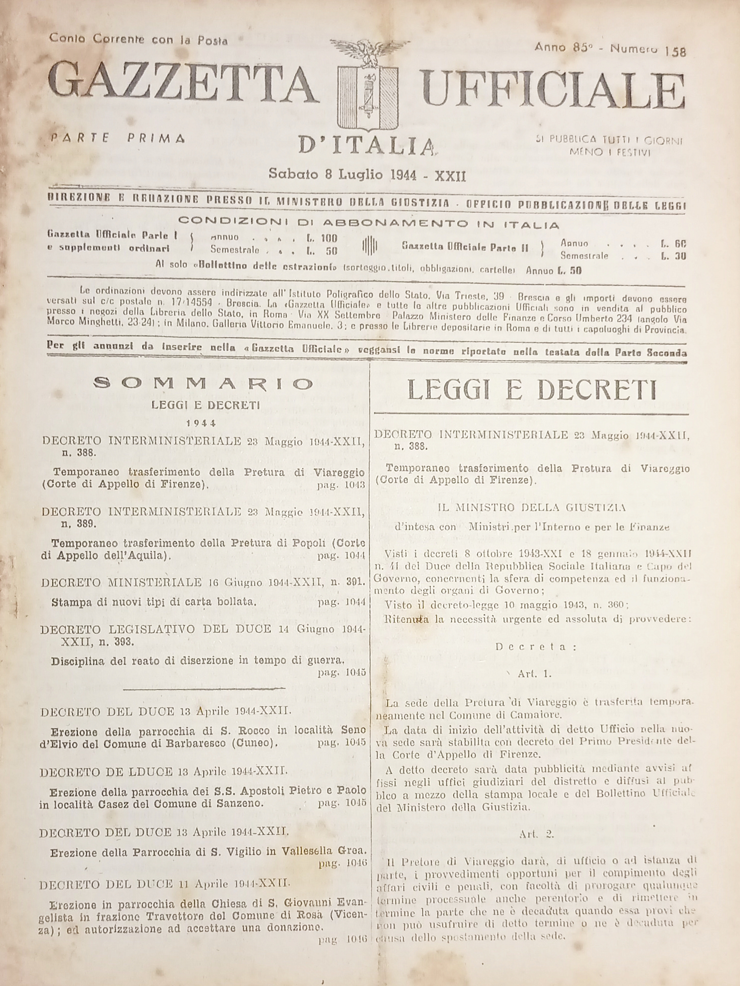 RSI Gazzetta Ufficiale d'Italia N. 158 - 1944