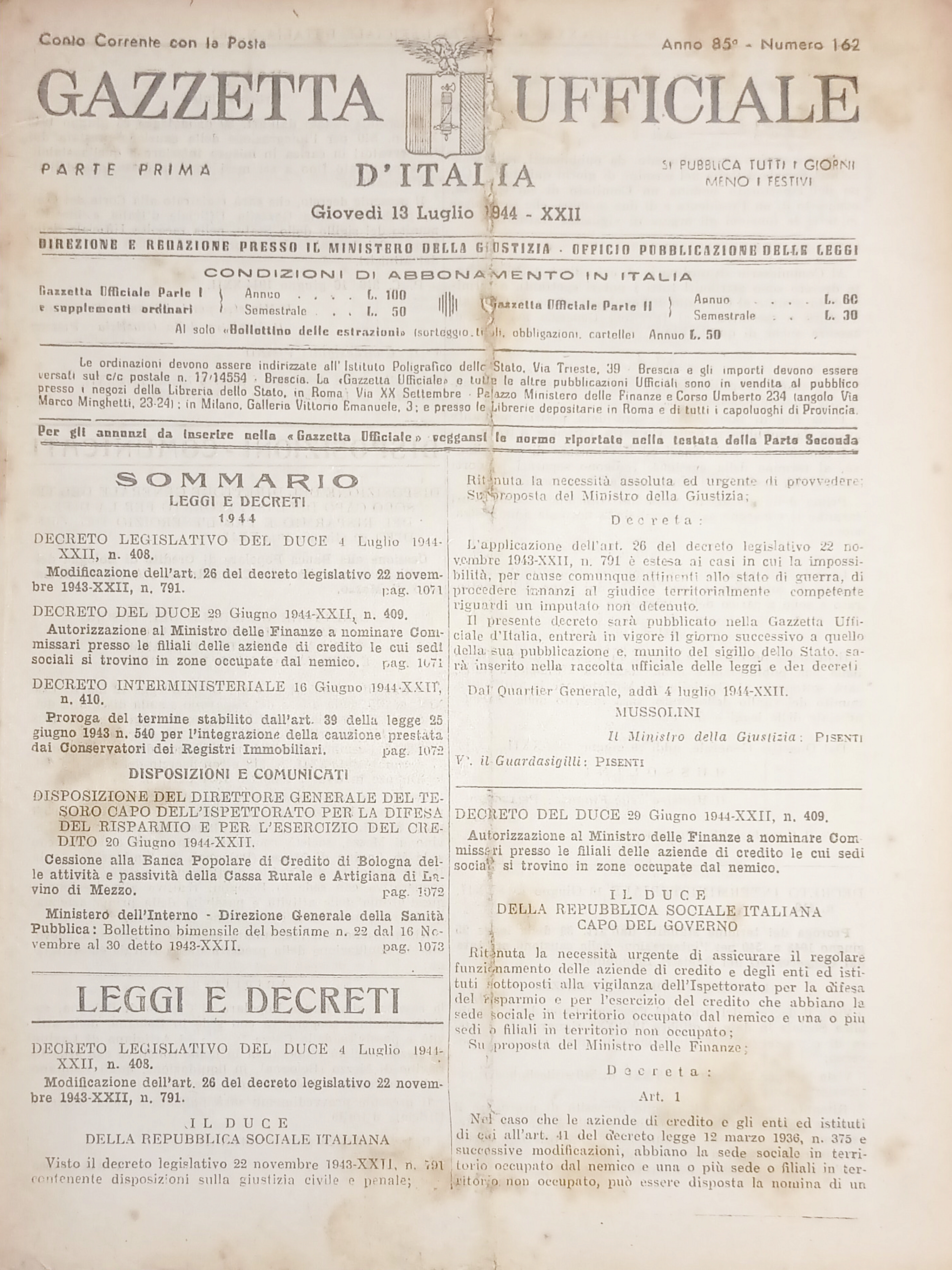 RSI Gazzetta Ufficiale d'Italia N. 162 - 1944