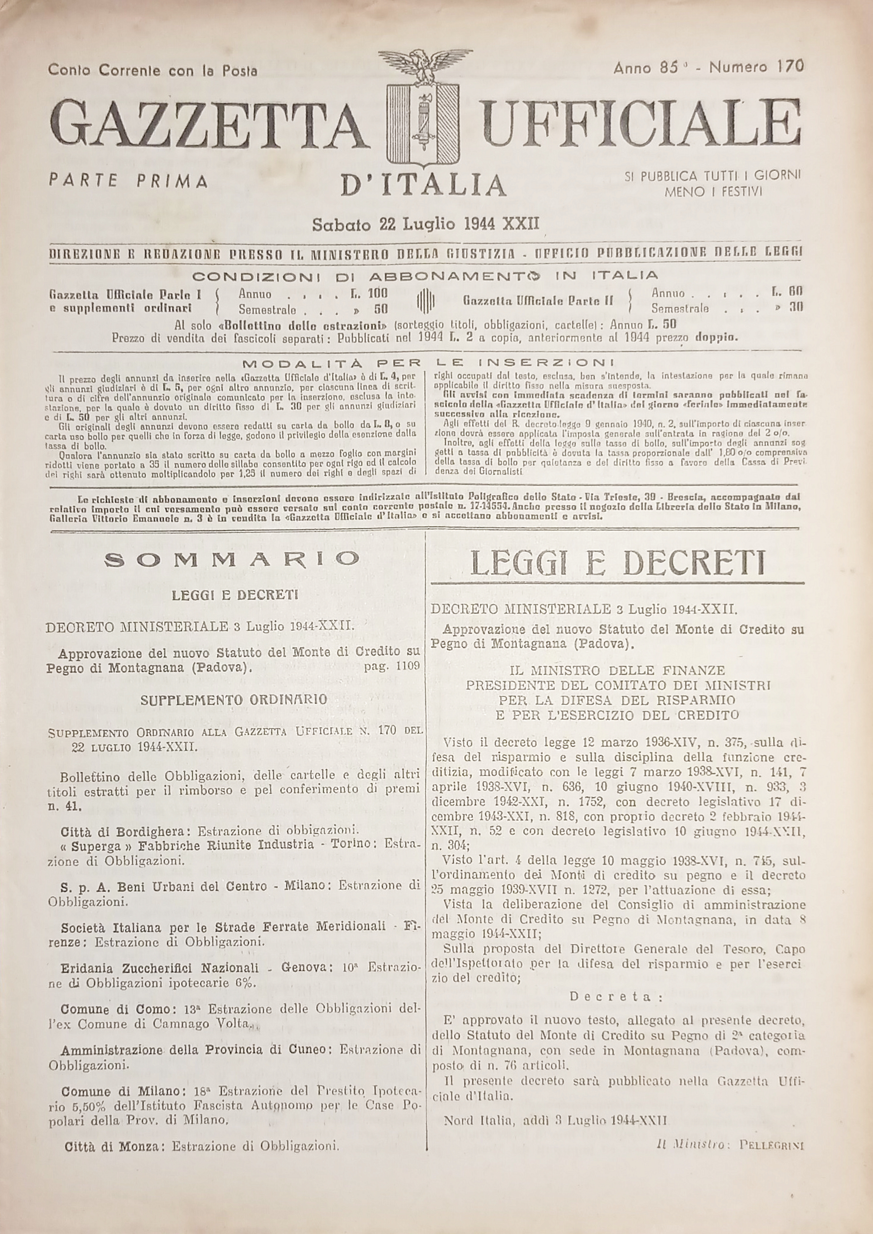 RSI Gazzetta Ufficiale d'Italia N. 170 - 1944