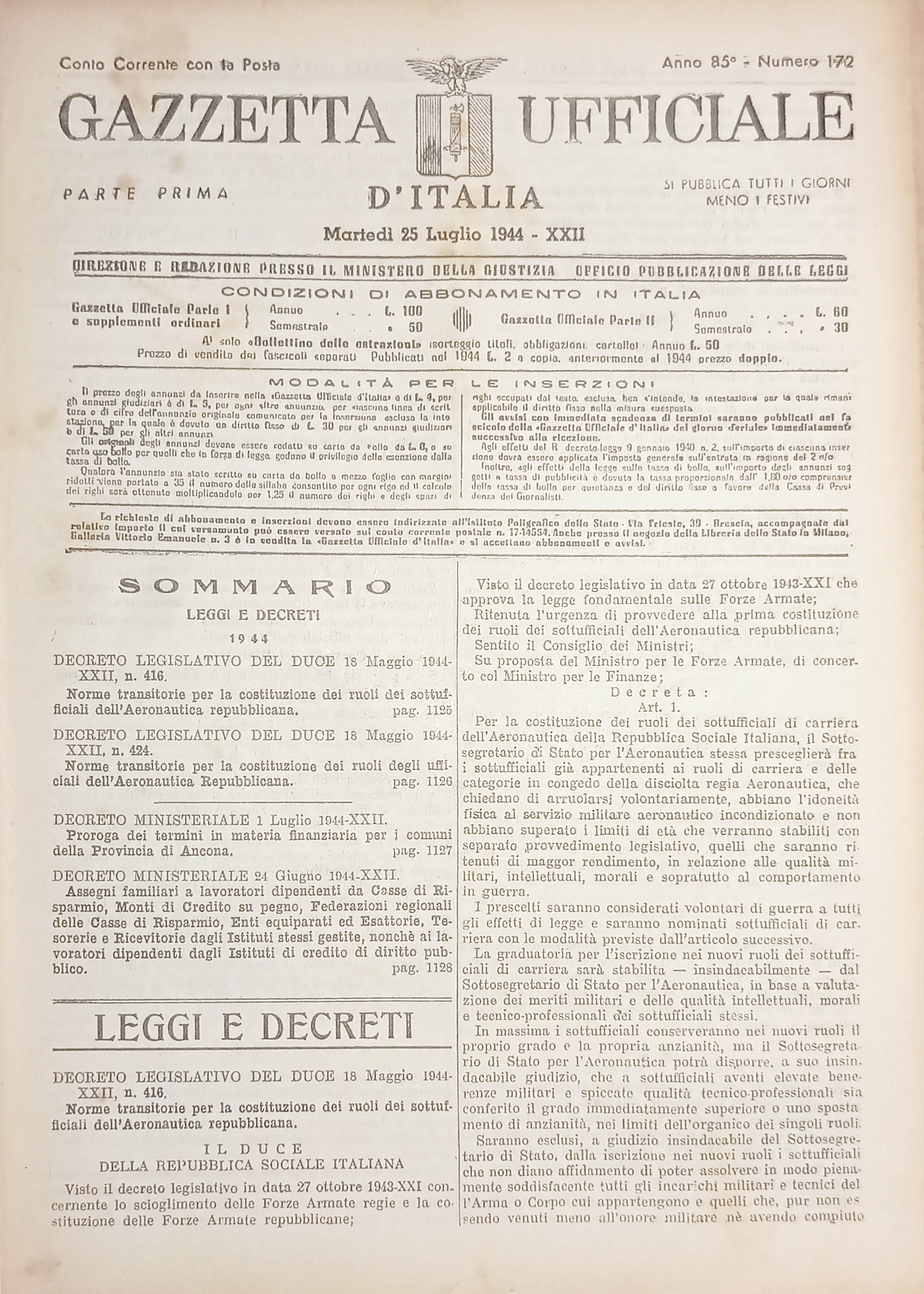 RSI Gazzetta Ufficiale d'Italia N. 172 - 1944