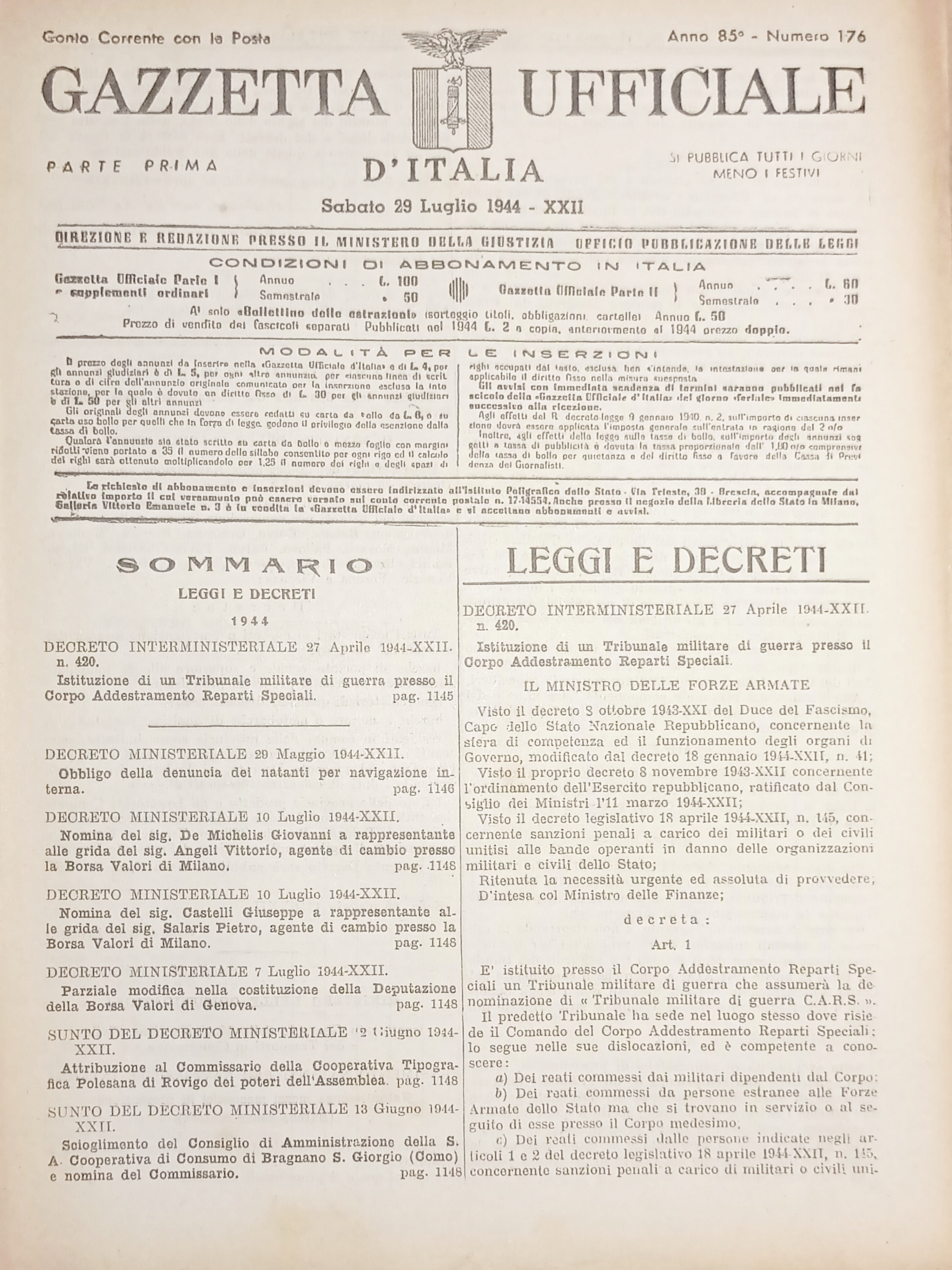RSI Gazzetta Ufficiale d'Italia N. 176 - 1944