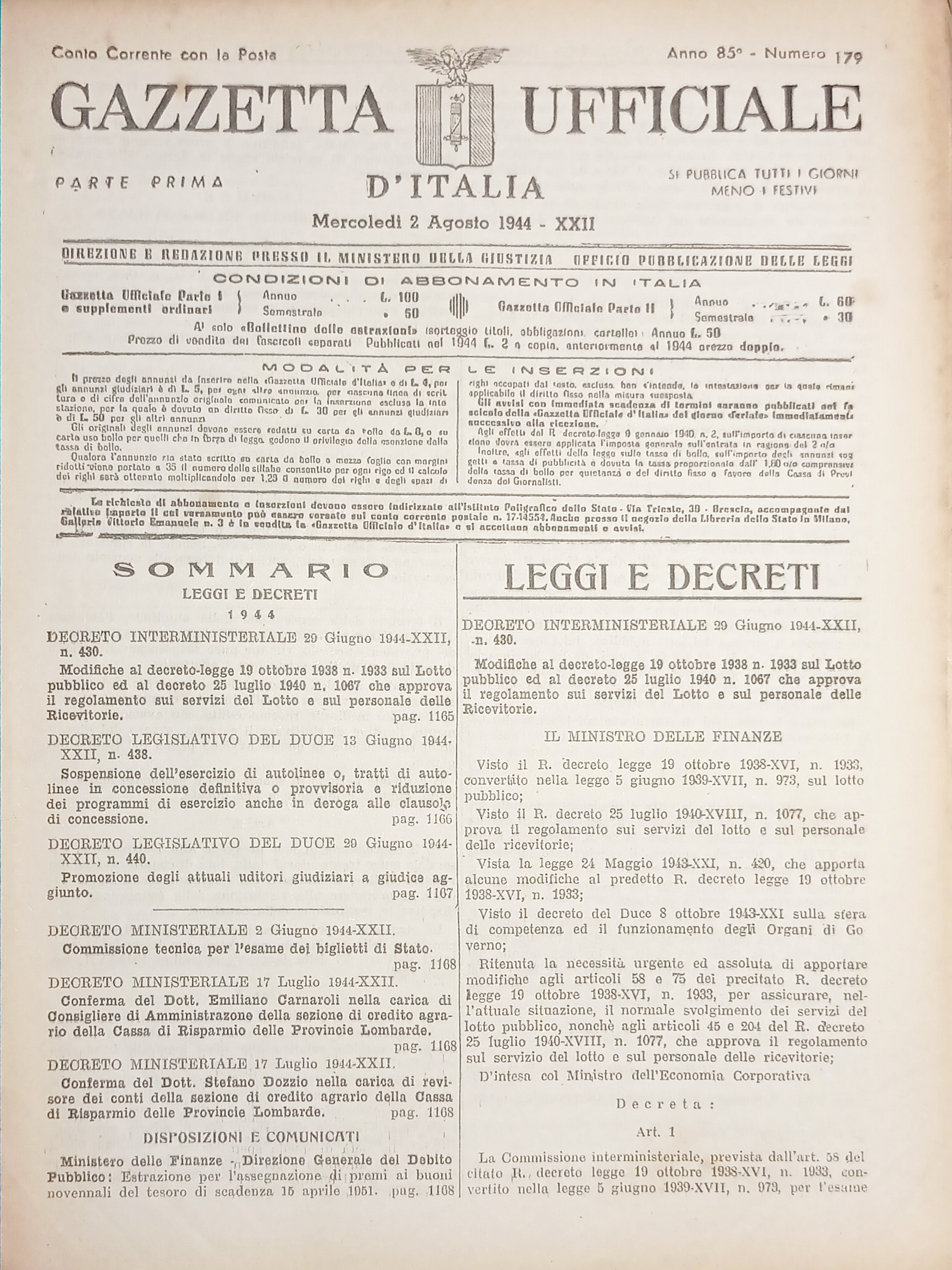 RSI Gazzetta Ufficiale d'Italia N. 179 - 1944