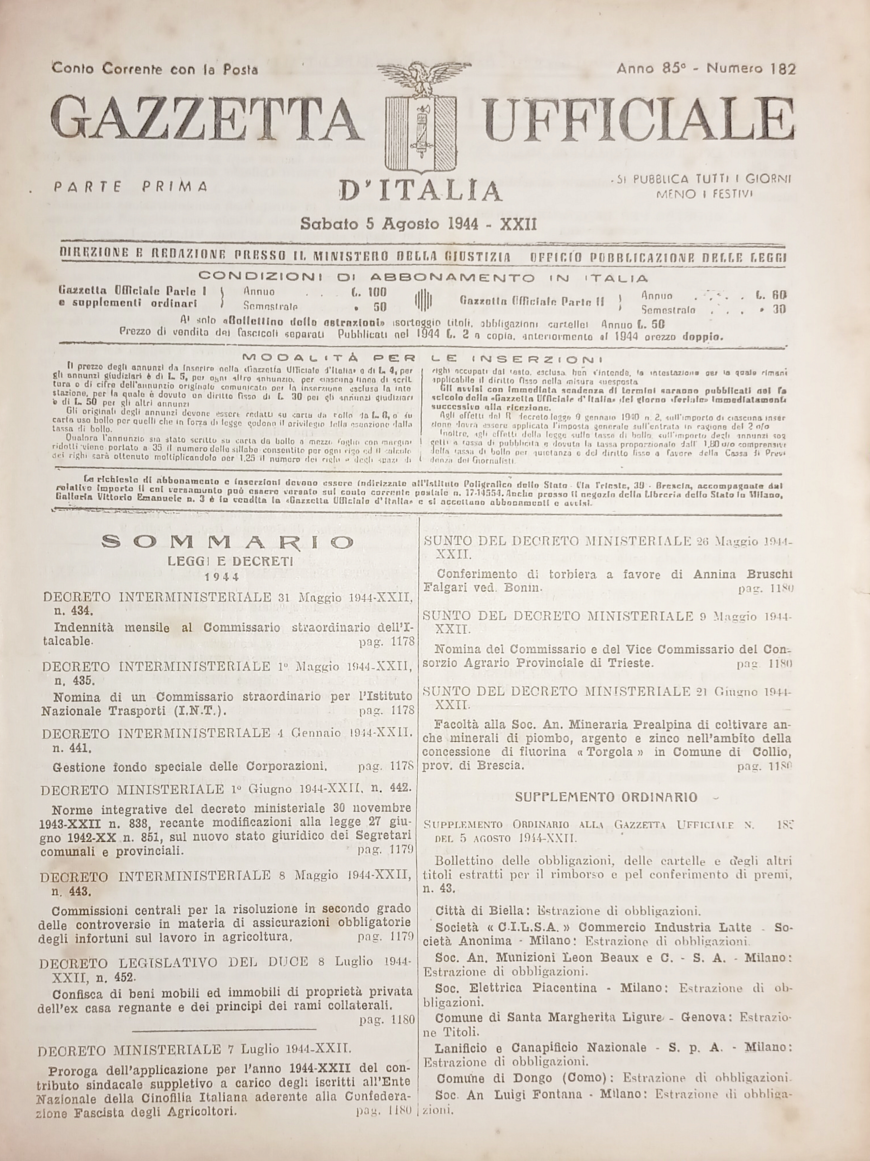 RSI Gazzetta Ufficiale d'Italia N. 182 - 1944