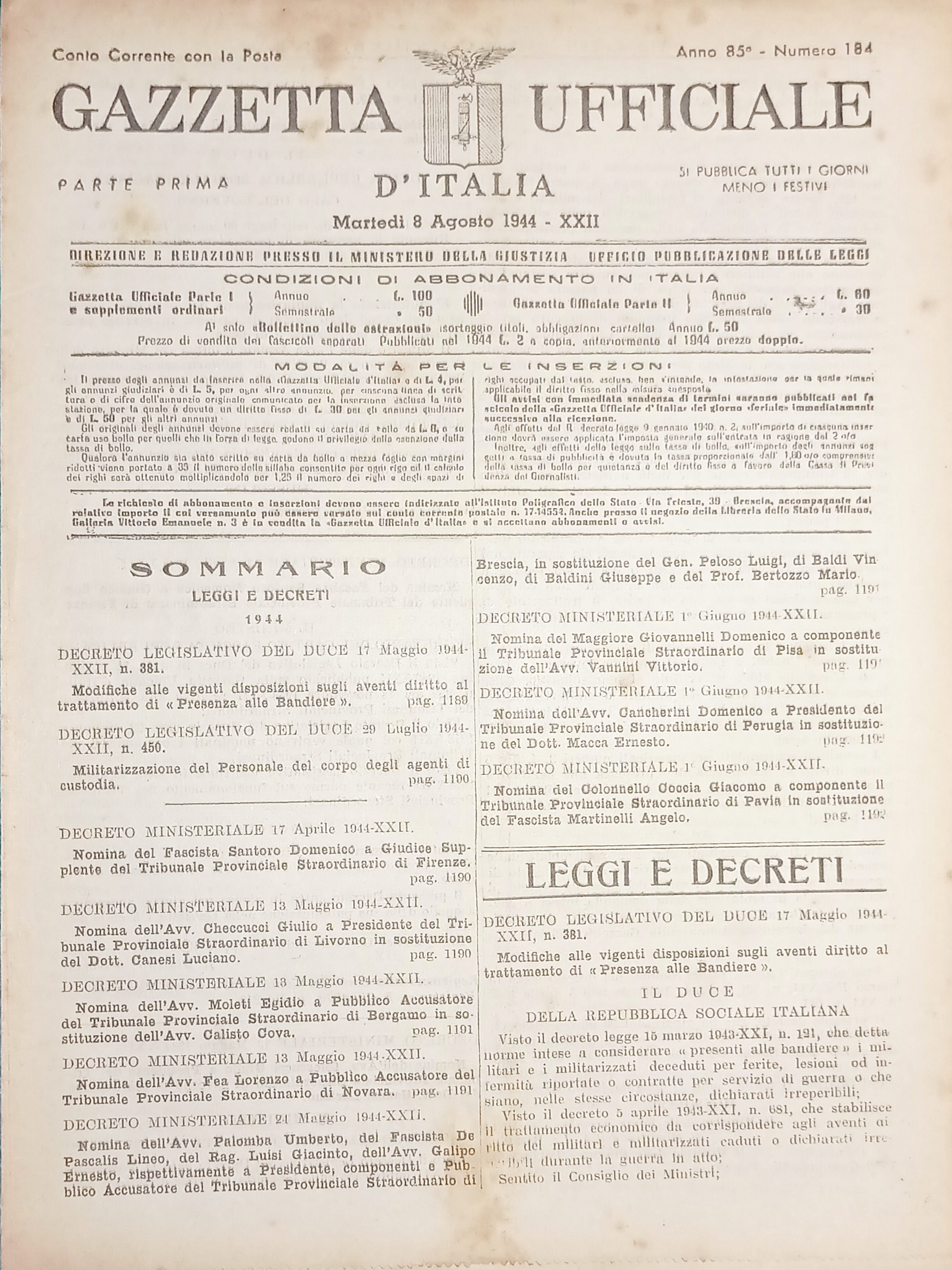 RSI Gazzetta Ufficiale d'Italia N. 184 - 1944