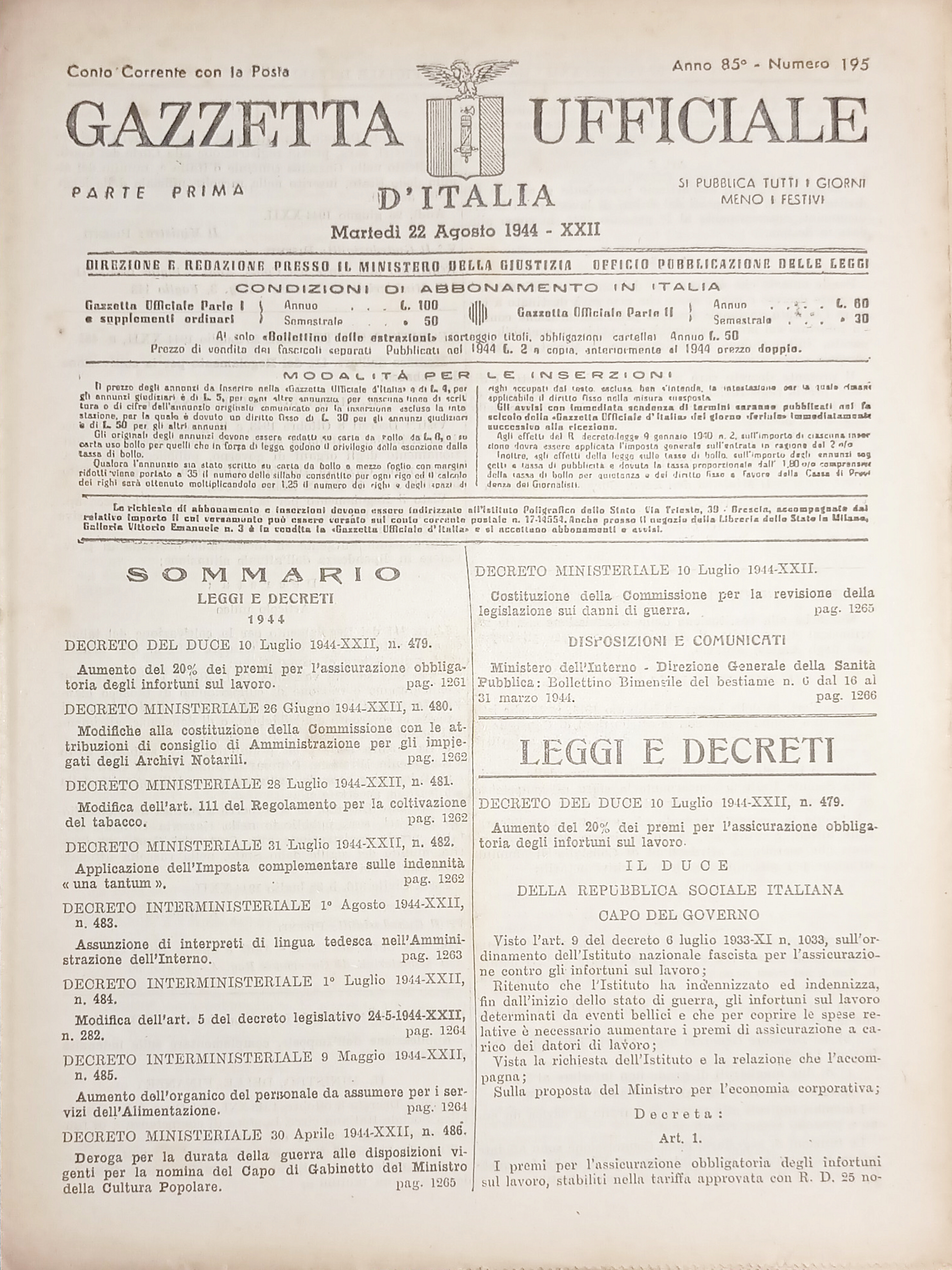 RSI Gazzetta Ufficiale d'Italia N. 195 - 1944