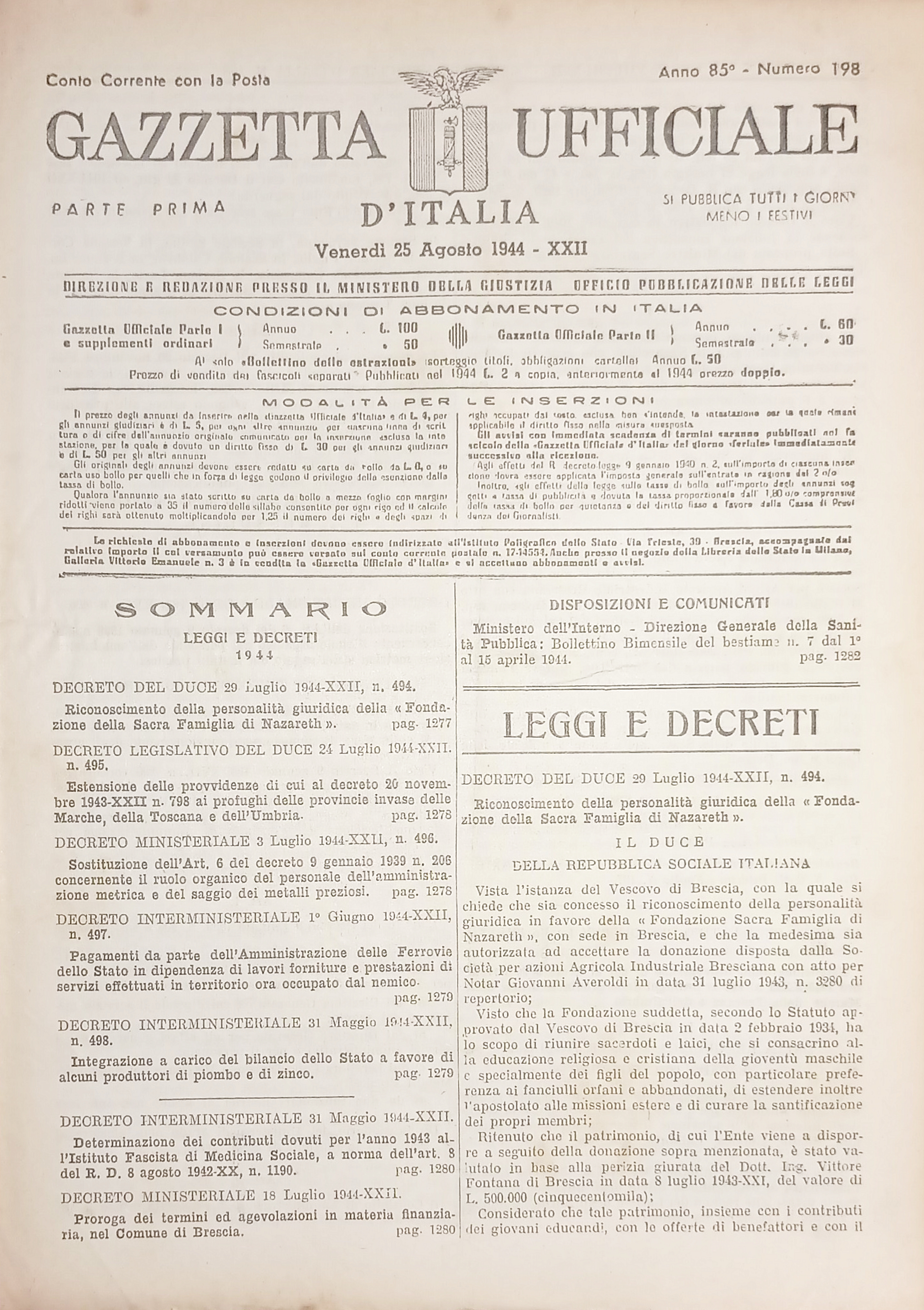 RSI Gazzetta Ufficiale d'Italia N. 198 - 1944