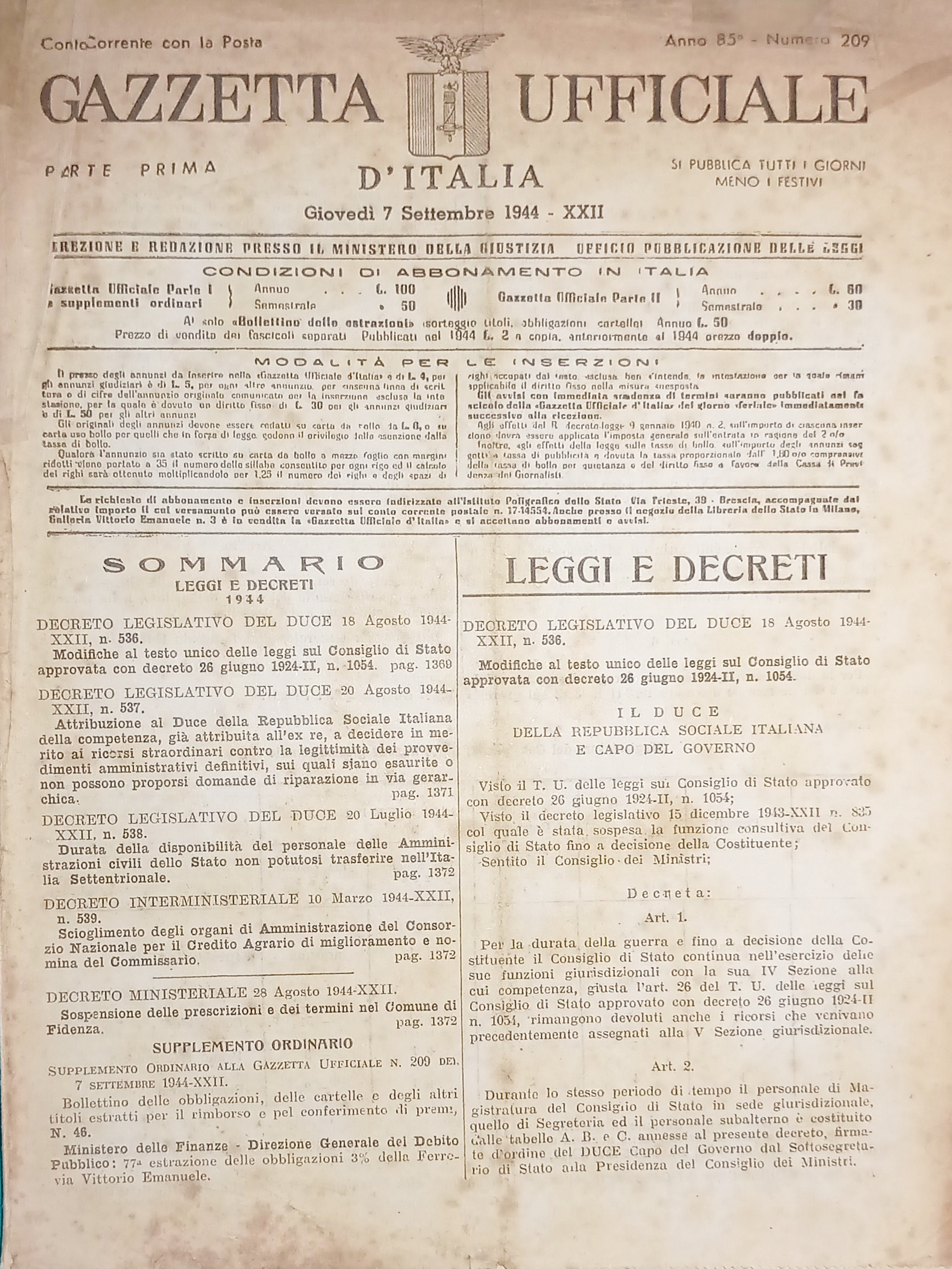 RSI Gazzetta Ufficiale d'Italia N. 209 - 1944