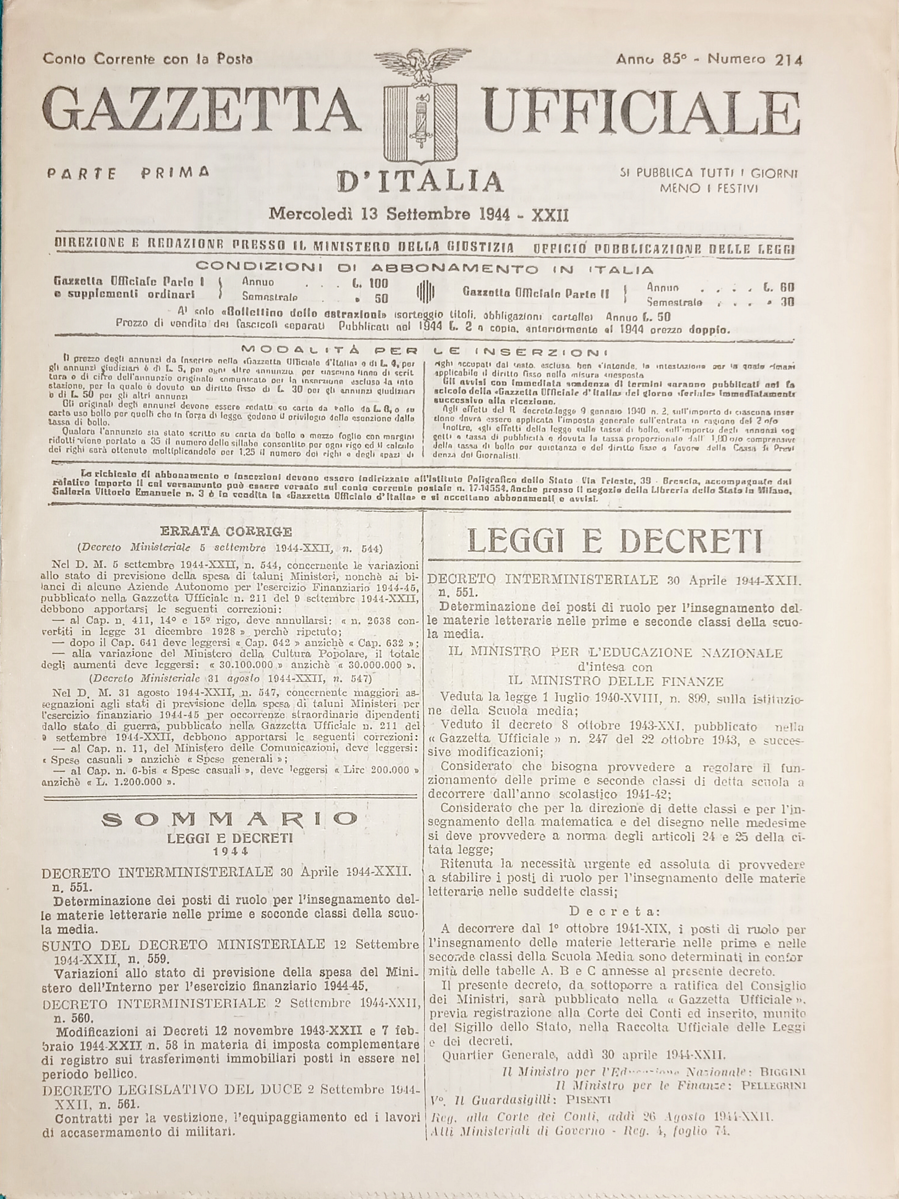 RSI Gazzetta Ufficiale d'Italia N. 214 - 1944