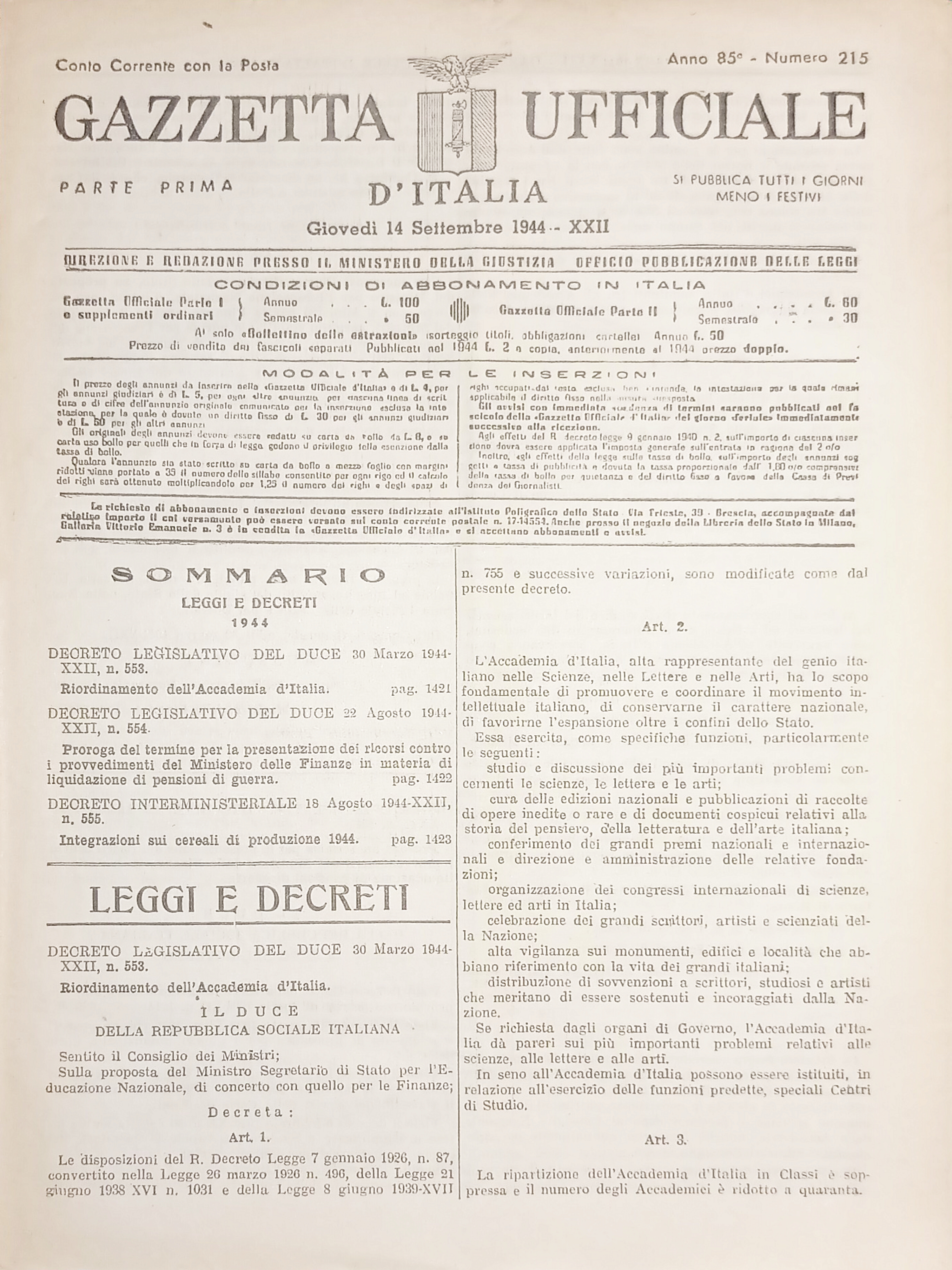 RSI Gazzetta Ufficiale d'Italia N. 215 - 1944