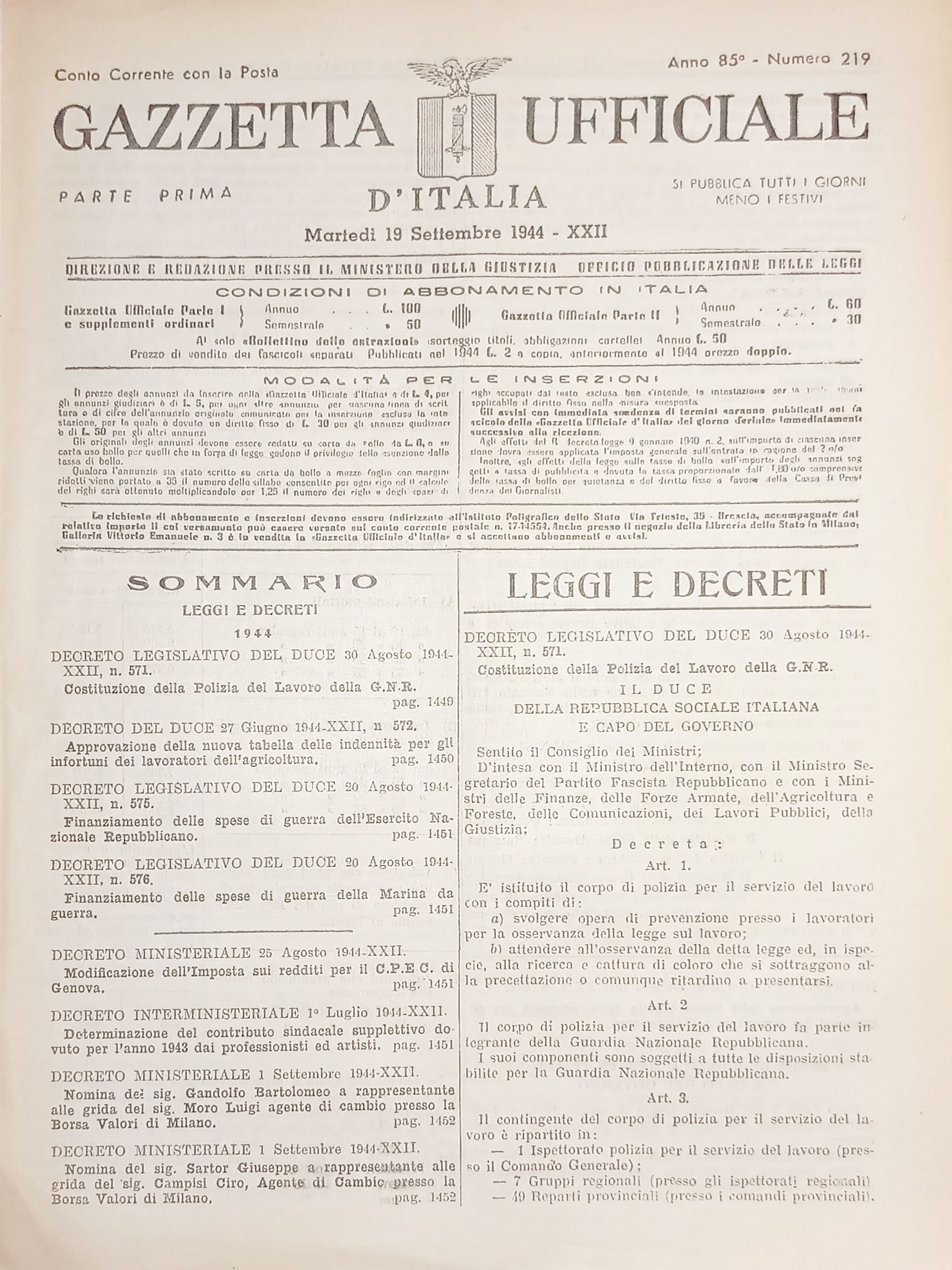 RSI Gazzetta Ufficiale d'Italia N. 219 - 1944