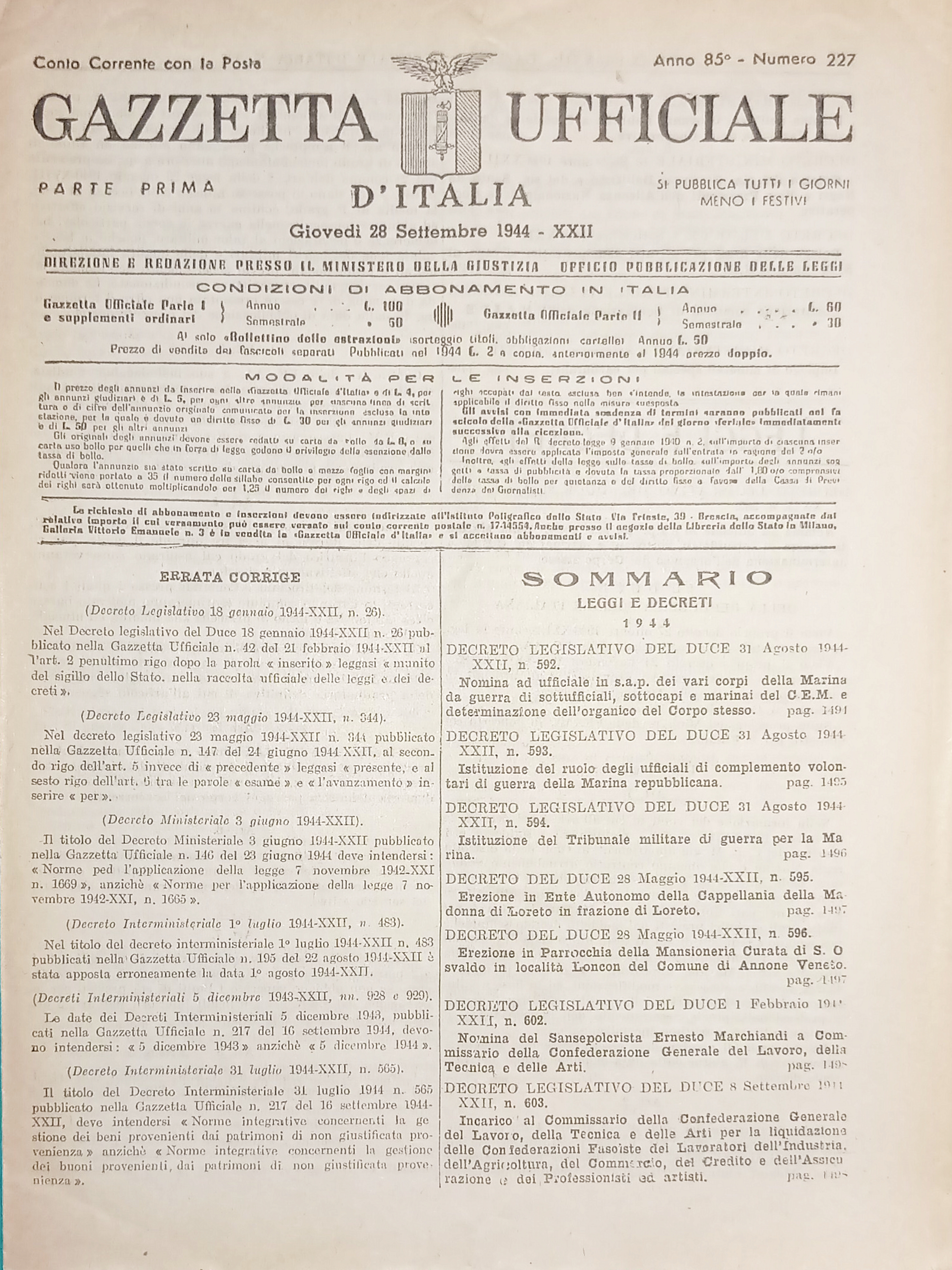 RSI Gazzetta Ufficiale d'Italia N. 227 - 1944