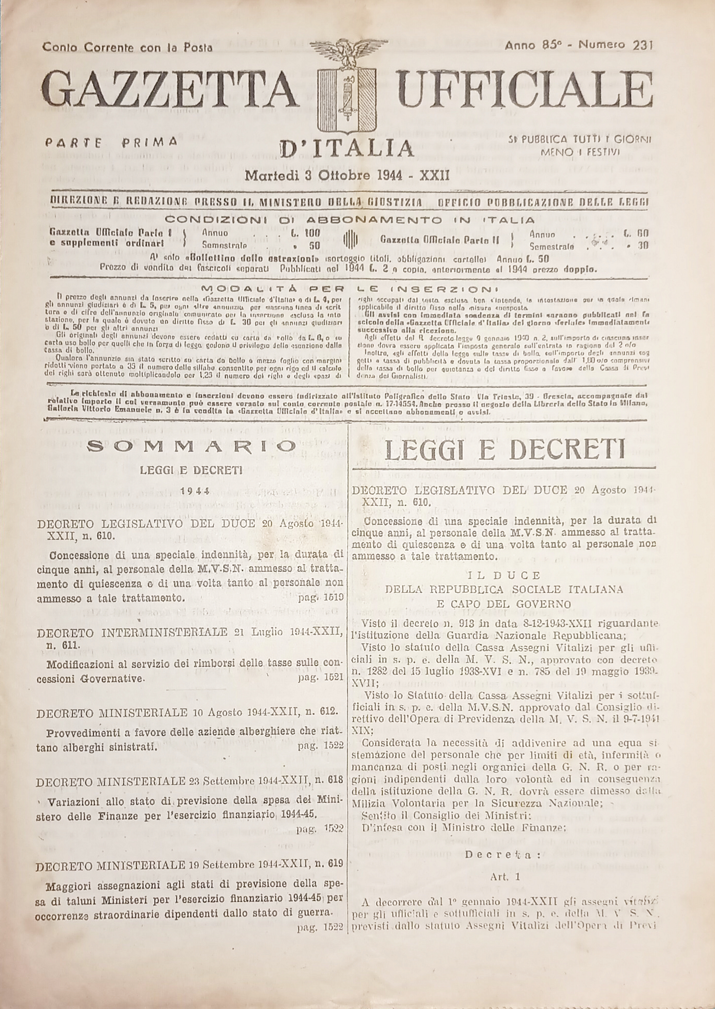 RSI Gazzetta Ufficiale d'Italia N. 231 - 1944