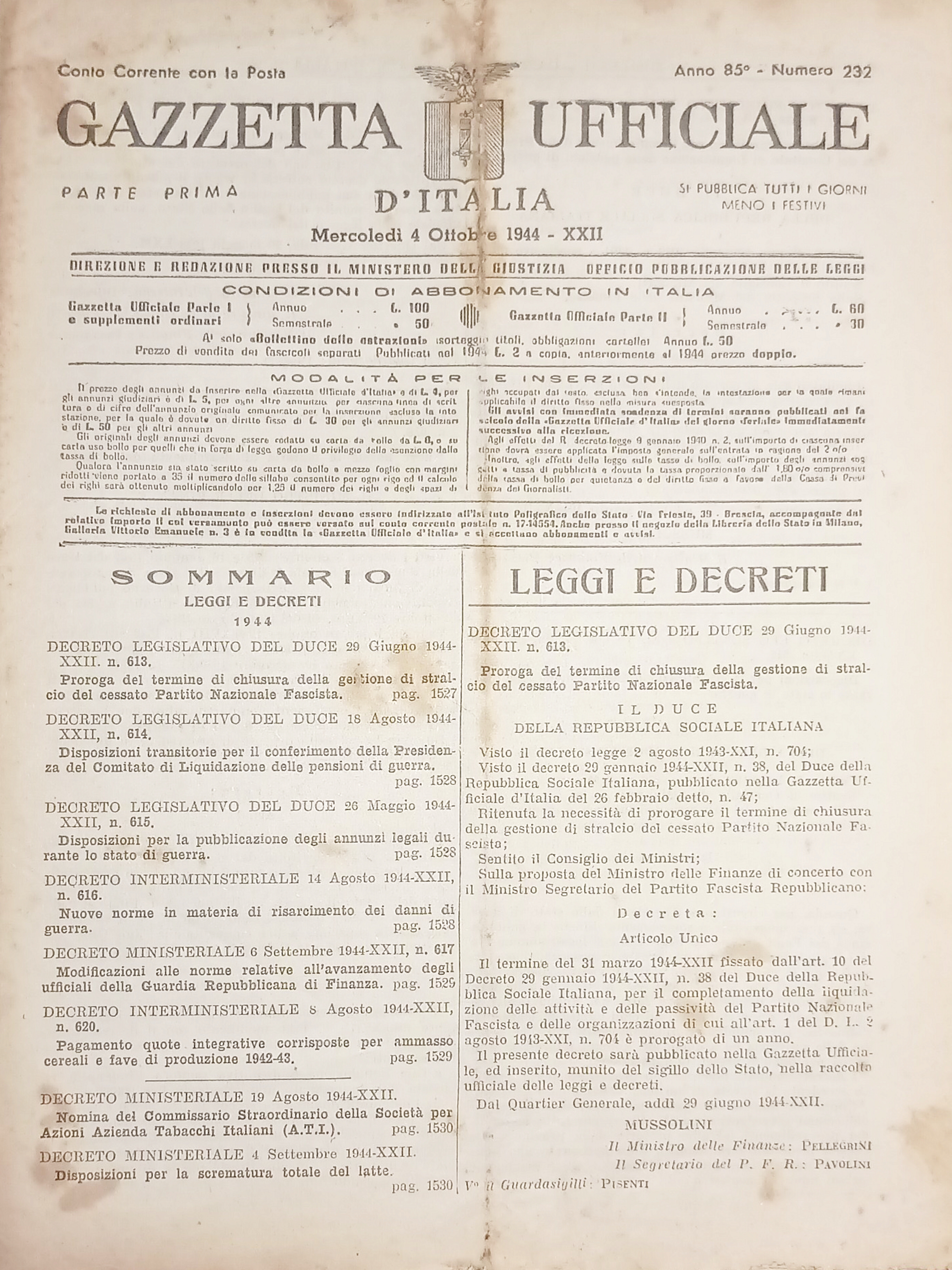 RSI Gazzetta Ufficiale d'Italia N. 232 - 1944