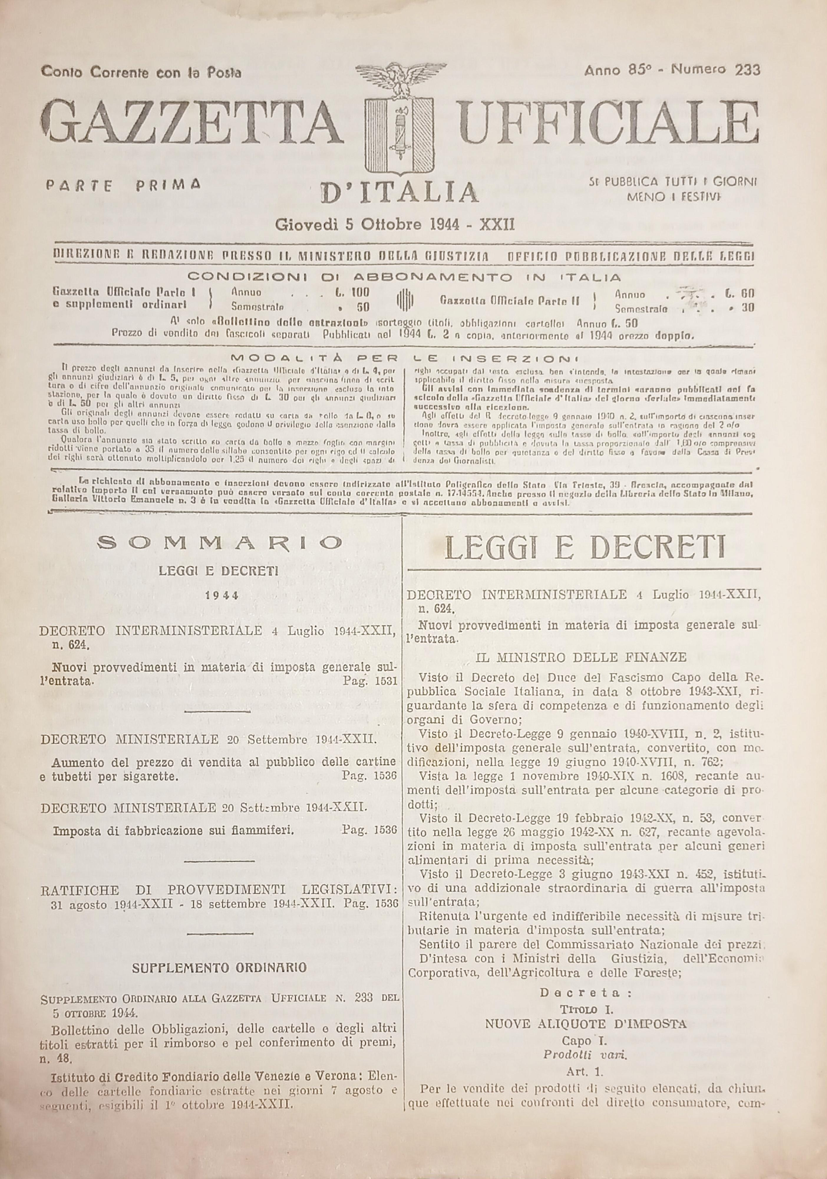 RSI Gazzetta Ufficiale d'Italia N. 233 - 1944