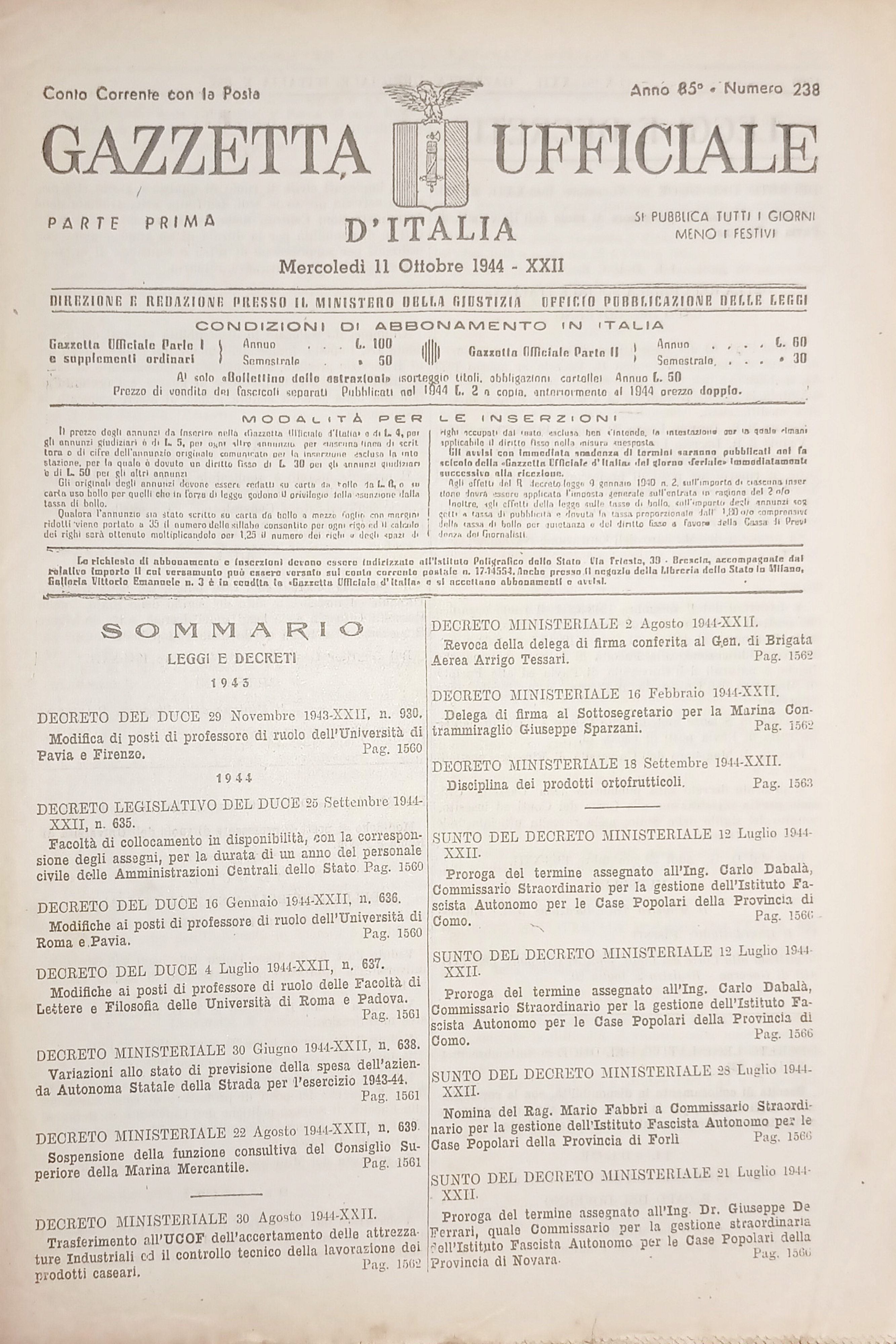 RSI Gazzetta Ufficiale d'Italia N. 238 - 1944