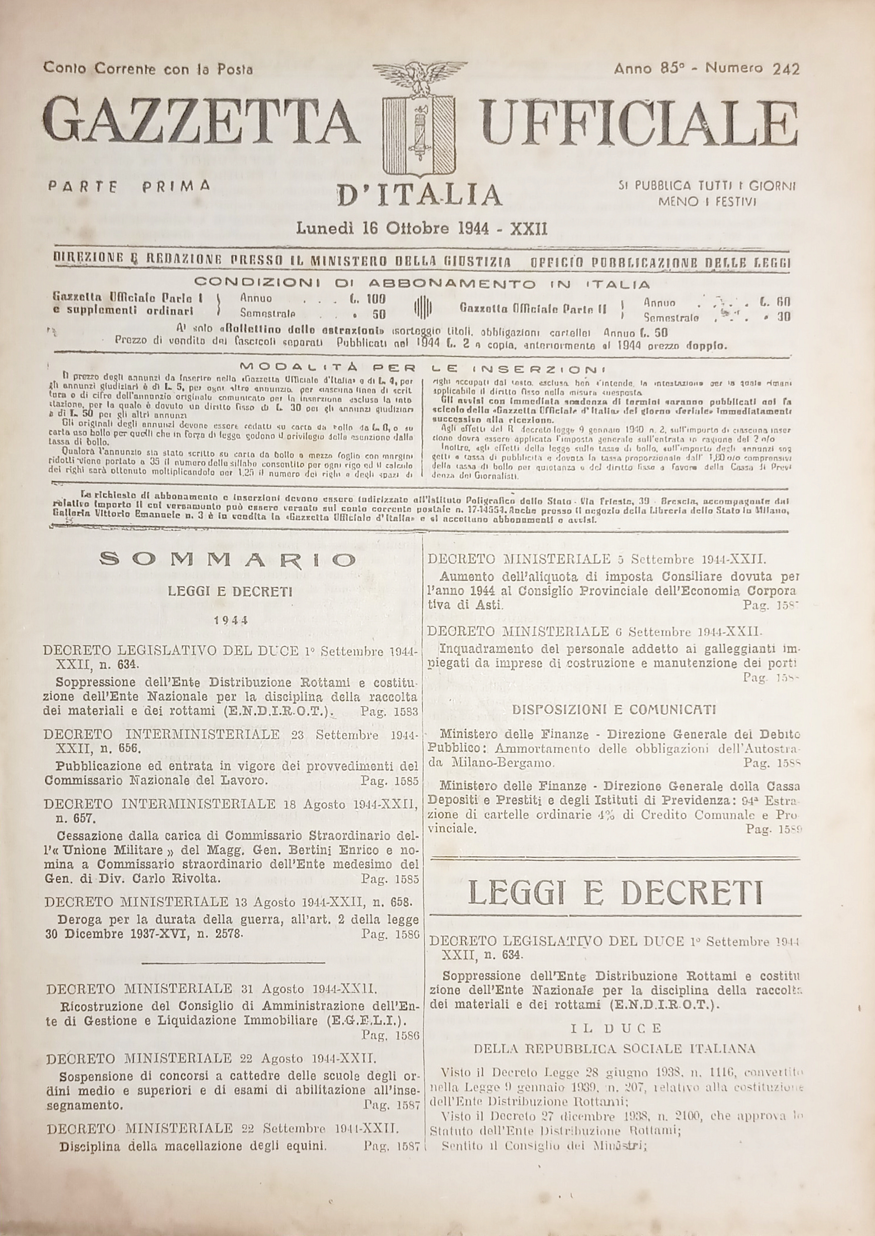 RSI Gazzetta Ufficiale d'Italia N. 242 - 1944